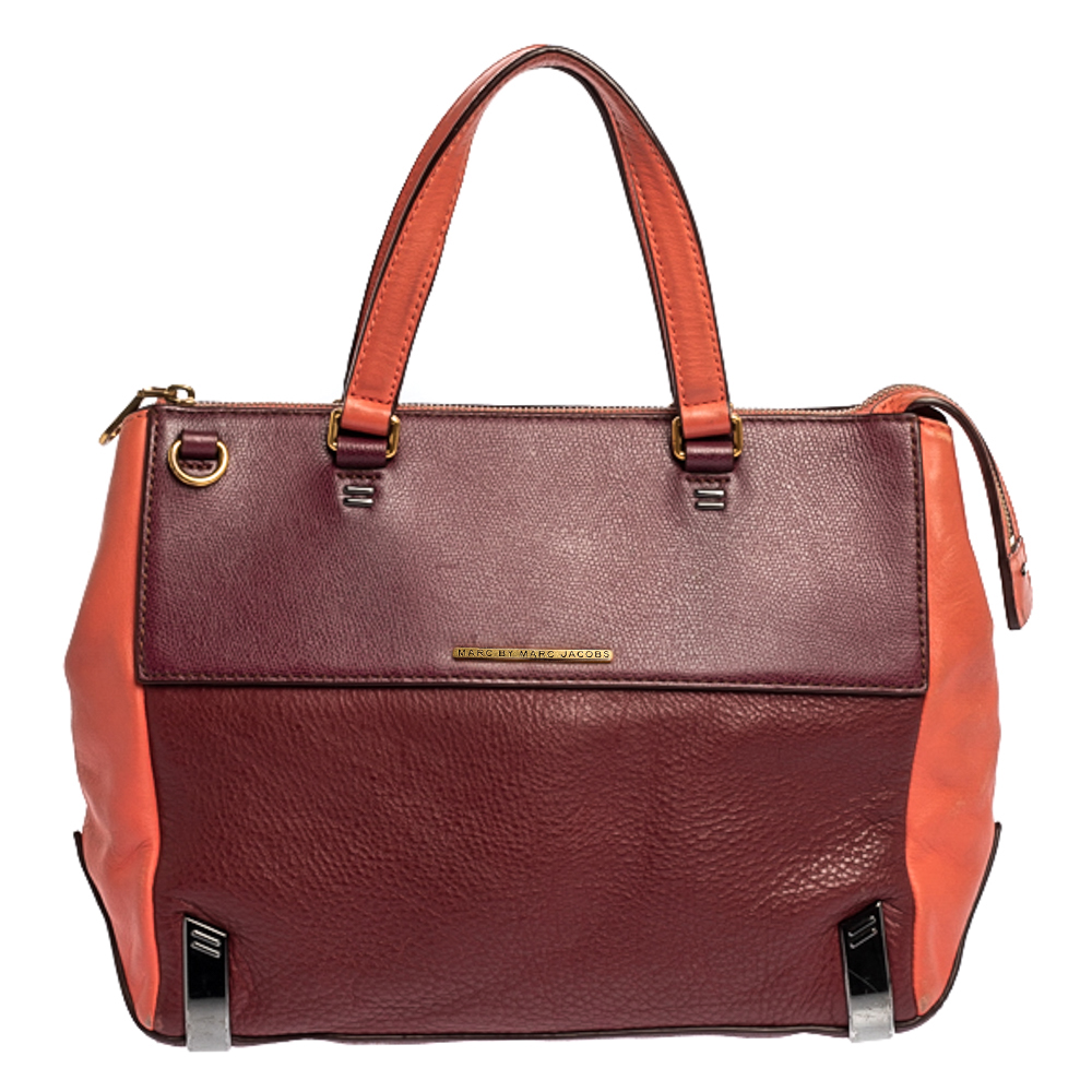 Image of Marc by Marc Jacobs Burgundy/Orange Leather Zipped Satchel