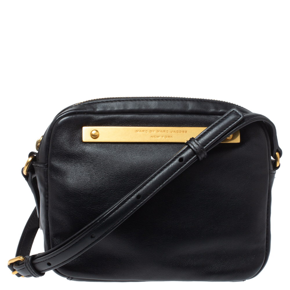 Image of Marc by Marc Jacobs Black Leather Logo Plaque Shoulder Bag