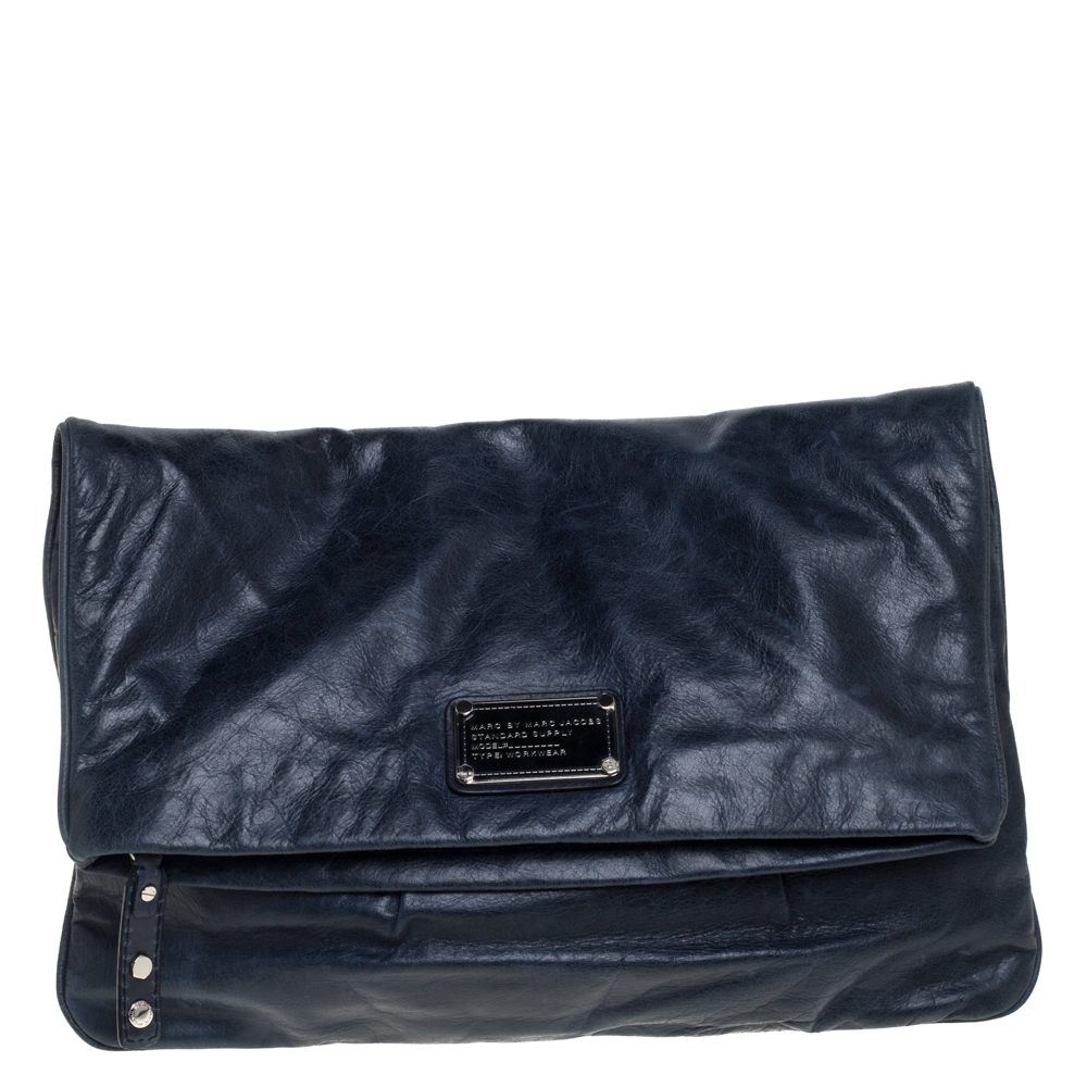 Marc by Marc Jacobs Blue Crinkled Leather Foldover Clutch