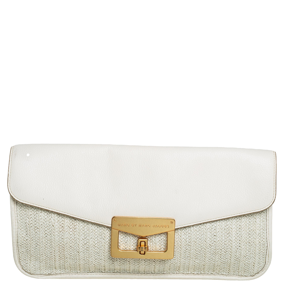 Marc By Marc Jacobs White Leather and Straw Flap Clutch