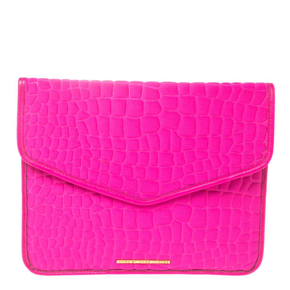 Marc by Marc Jacobs Pink Croc Embossed Neoprene and Leather Tablet Envelope Clutch