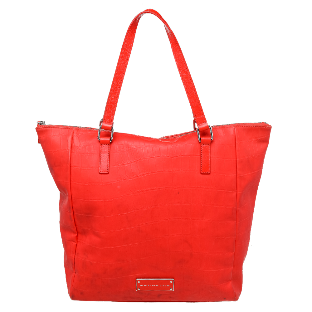 Marc by marc jacobs bright orange croc embossed pvc and leather tote