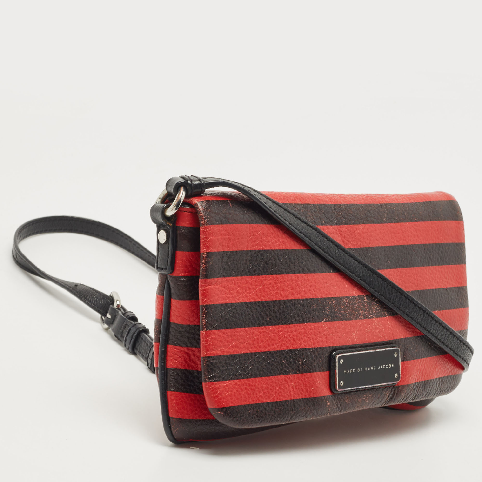 Marc By Marc Jacobs Red/Black Stripe Leather Percy Flap Crossbody Bag