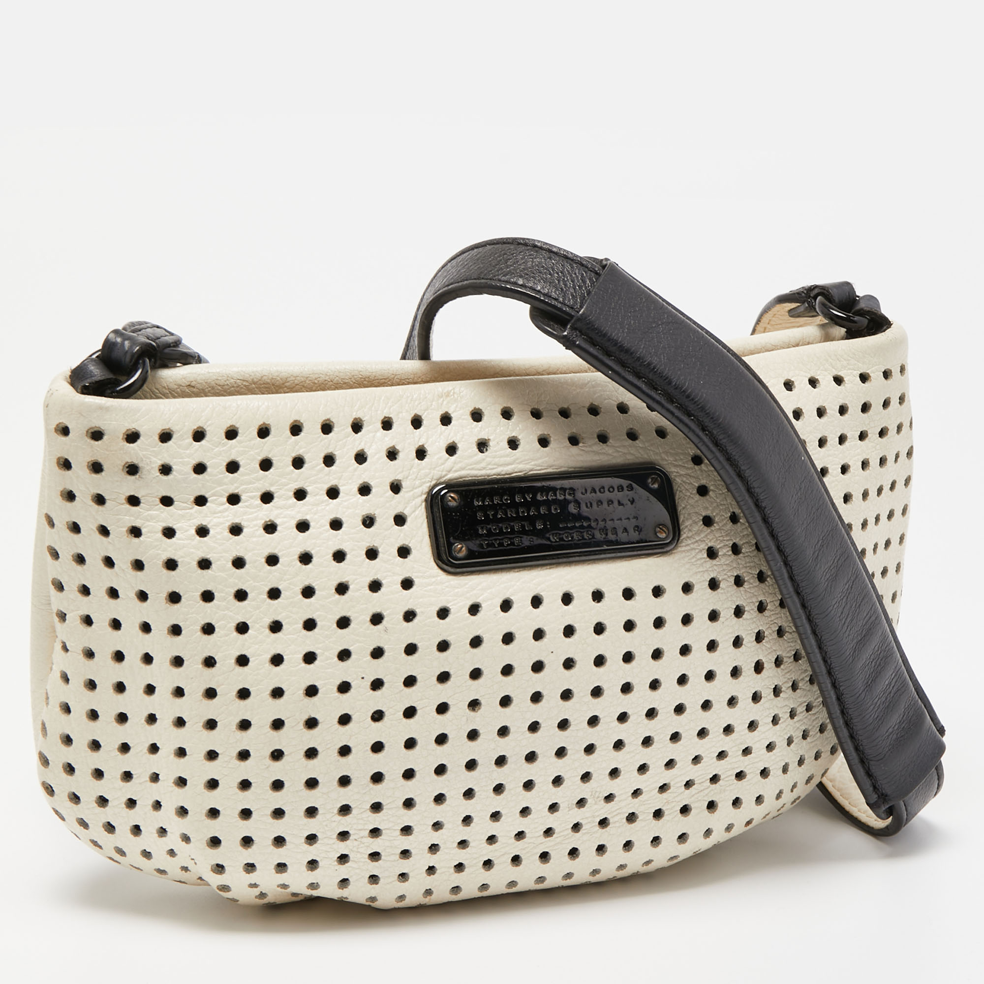 Marc By Marc Jacobs White/Black Perforated Leather Top Zip Crossbody Bag
