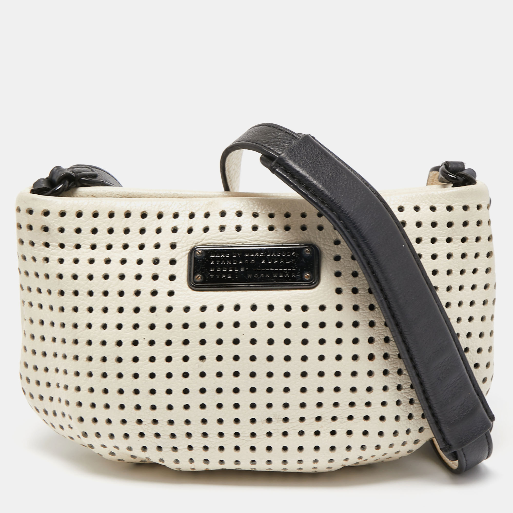 Marc By Marc Jacobs White/Black Perforated Leather Top Zip Crossbody Bag
