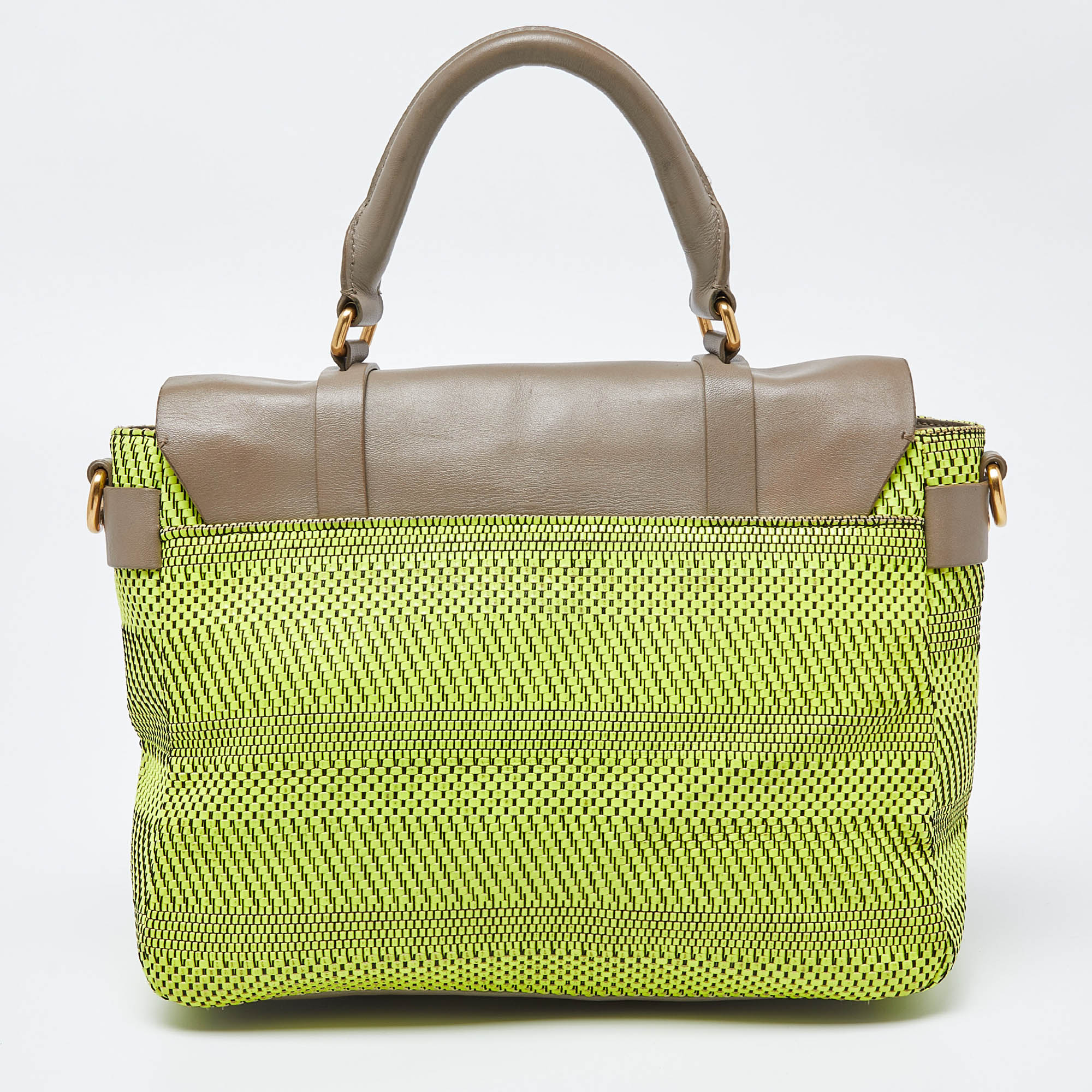 Marc By Marc Jacobs Neon Green/Grey Woven Patent And Leather Werdie Top Handle Bag