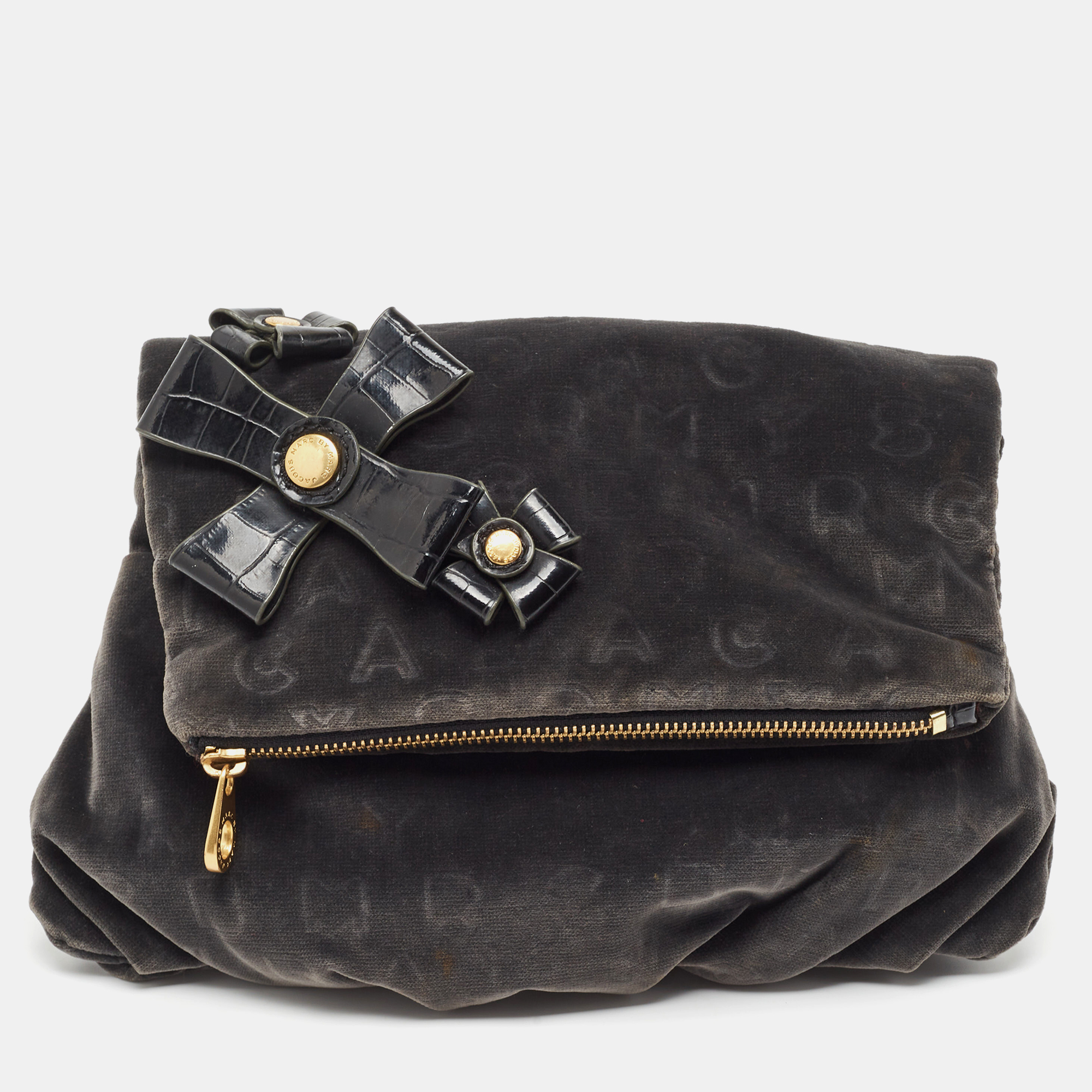 Marc By Marc Jacobs Grey/Black Velvet And Croc Embossed Leather Bow Fold Over Clutch