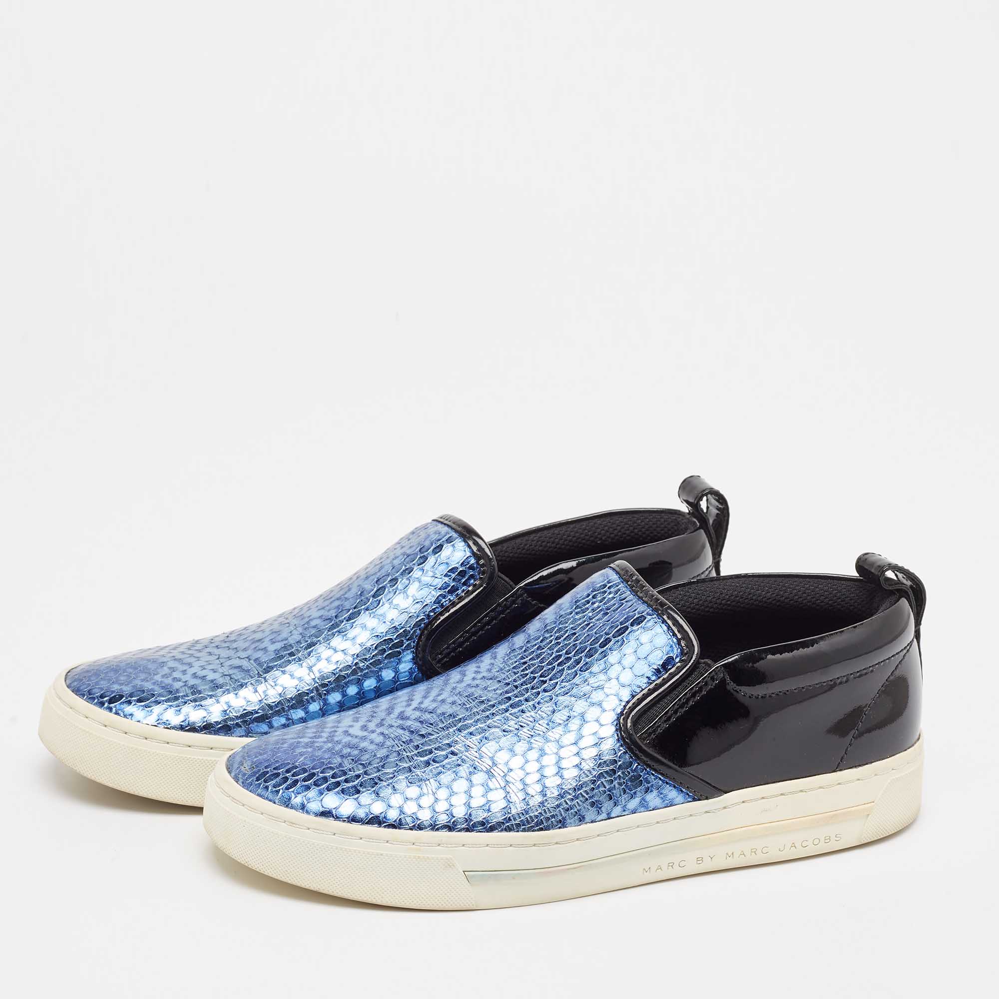 Marc By Marc Jacobs Blue Patent Leather And Python Embossed Leather Broome Sneakers Size 36