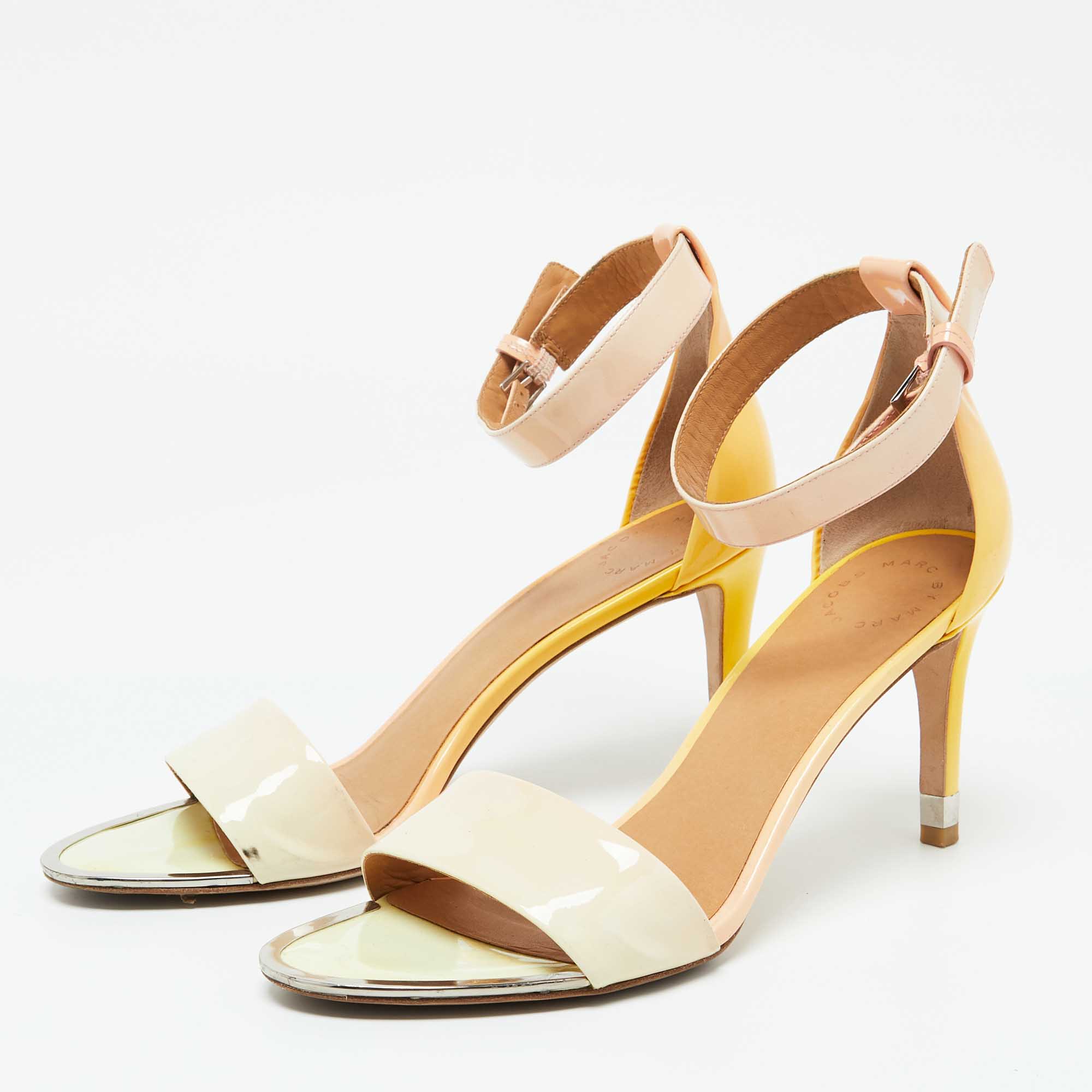 Marc By Marc Jacobs Beige/Yellow Patent Leather Ankle Strap Sandals Size 40