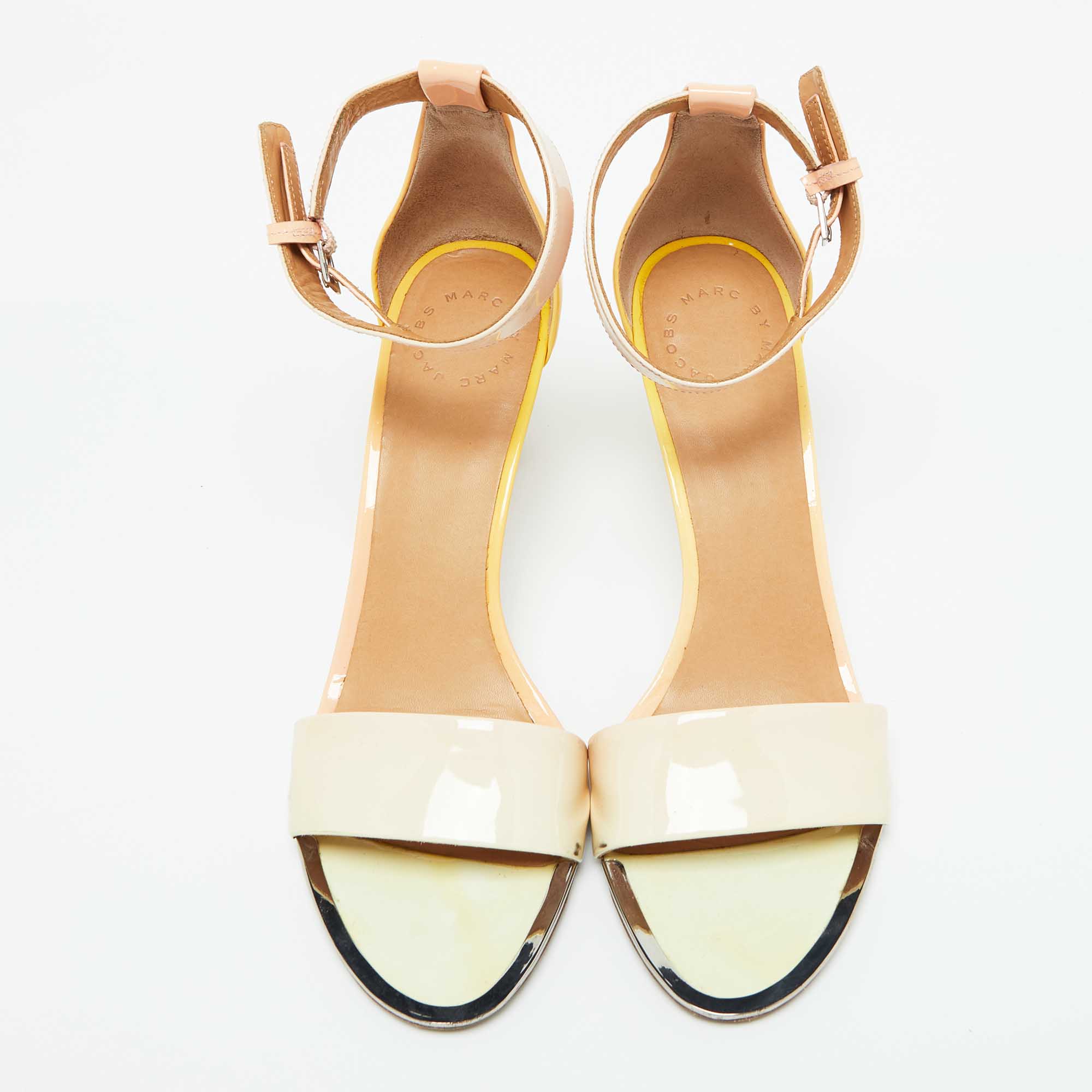 Marc By Marc Jacobs Beige/Yellow Patent Leather Ankle Strap Sandals Size 40