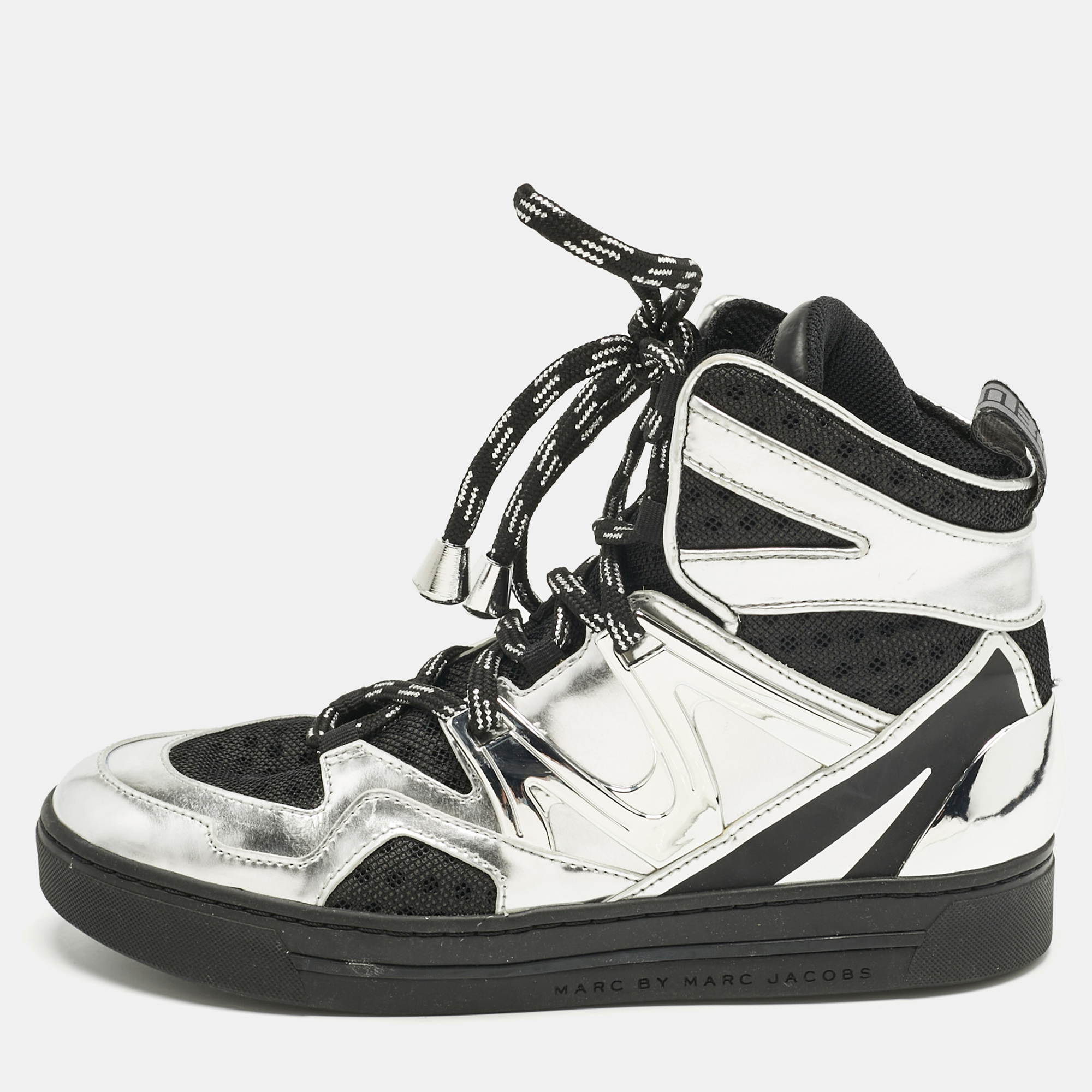 Marc by Marc Jacobs Silver/Black Leather and Fabric High Top Sneakers Size 36 - Marc by Marc Jacobs - Modalova