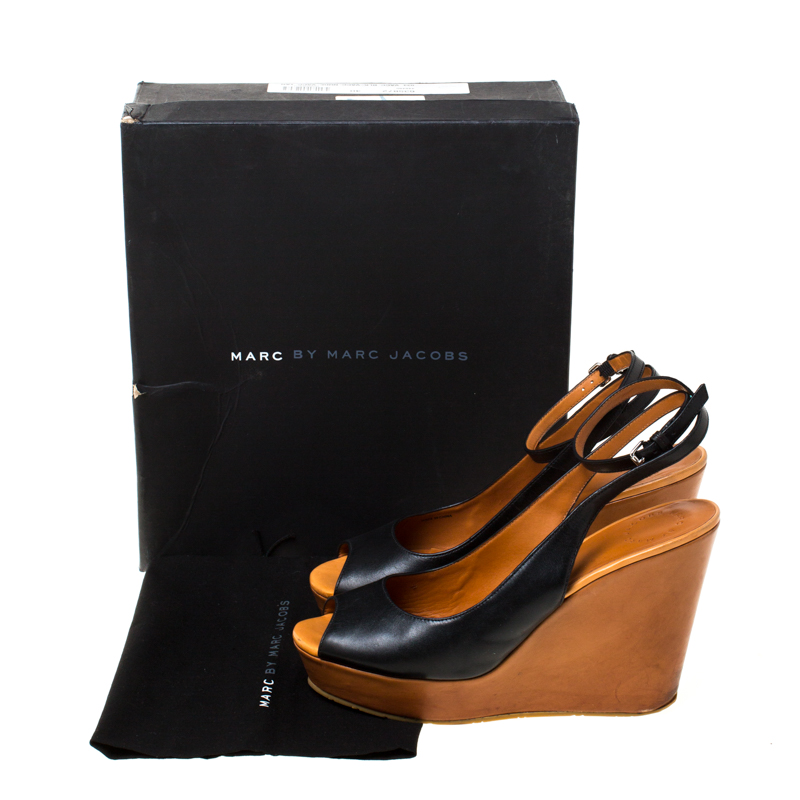 Marc By Marc Jacobs Black Leather Peep Toe Wedge Sandals Size 40