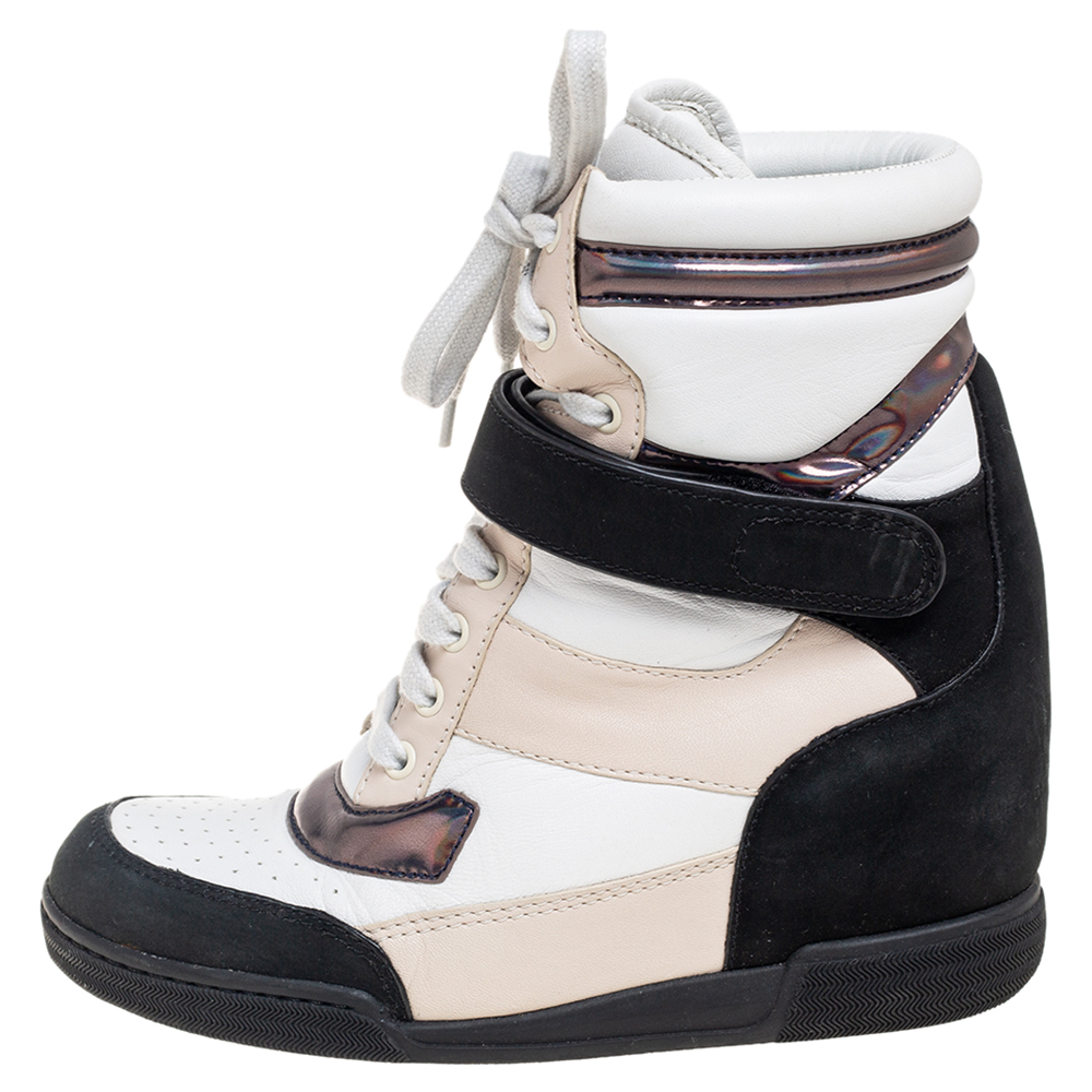 

Marc by Marc Jacobs Tri-Color Leather and Suede Lace-Up Wedge Sneakers Size, White