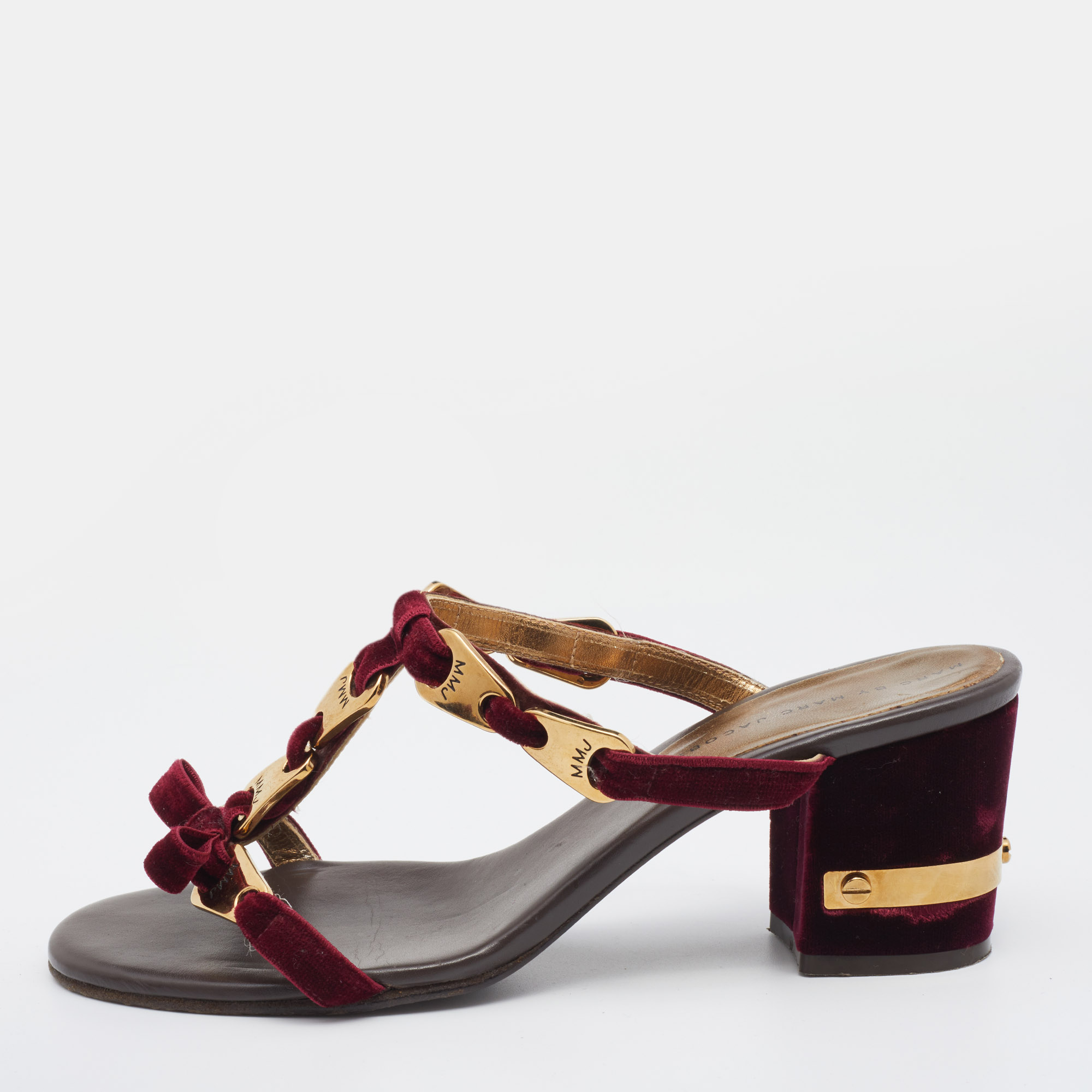 Marc By Marc Jacobs Burgundy Velvet Bow Block Heel Slide Sandals Size 39.5