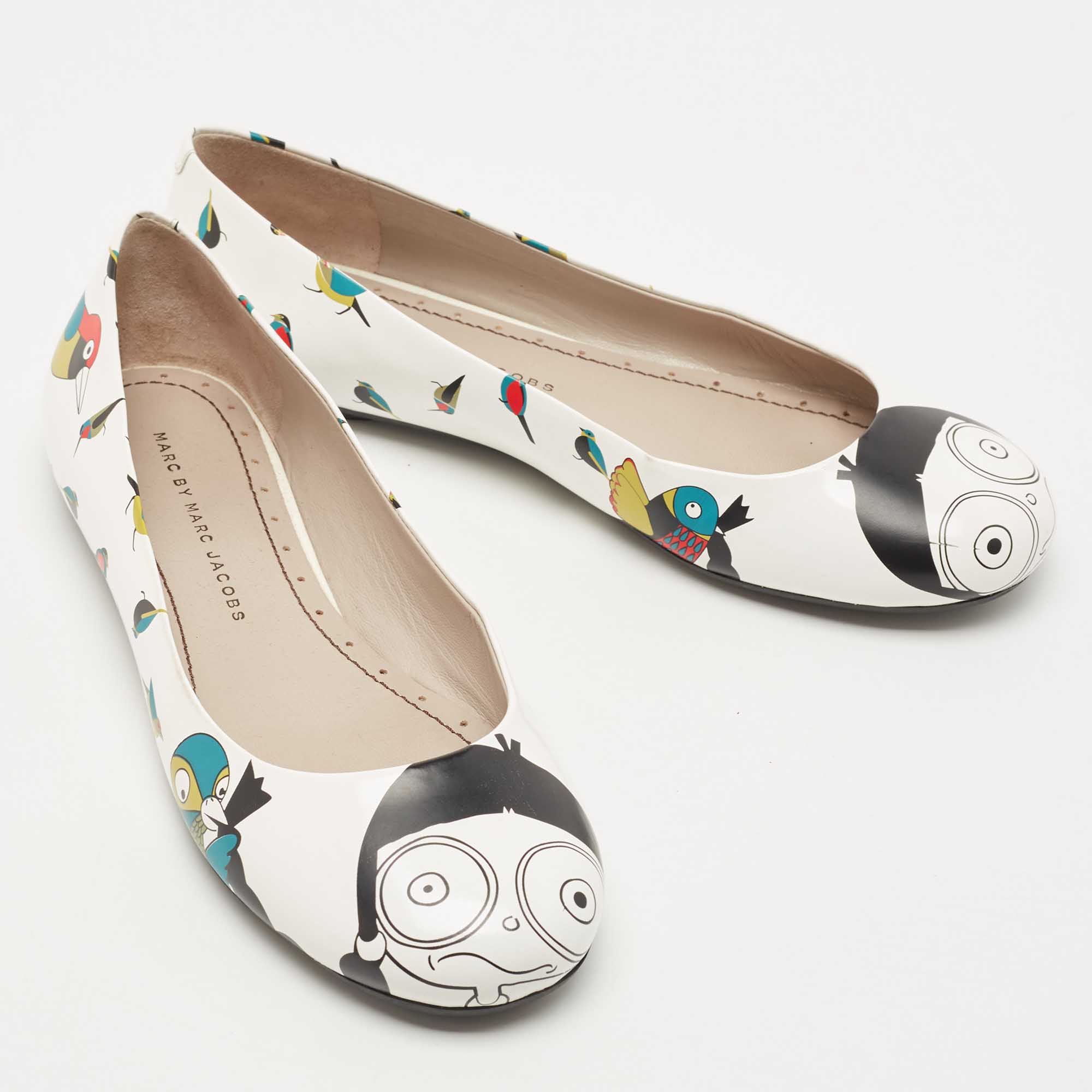 Marc By Marc Jacobs White Multicolor Bird Printed Leather Round Toe Ballet Flats Size 36