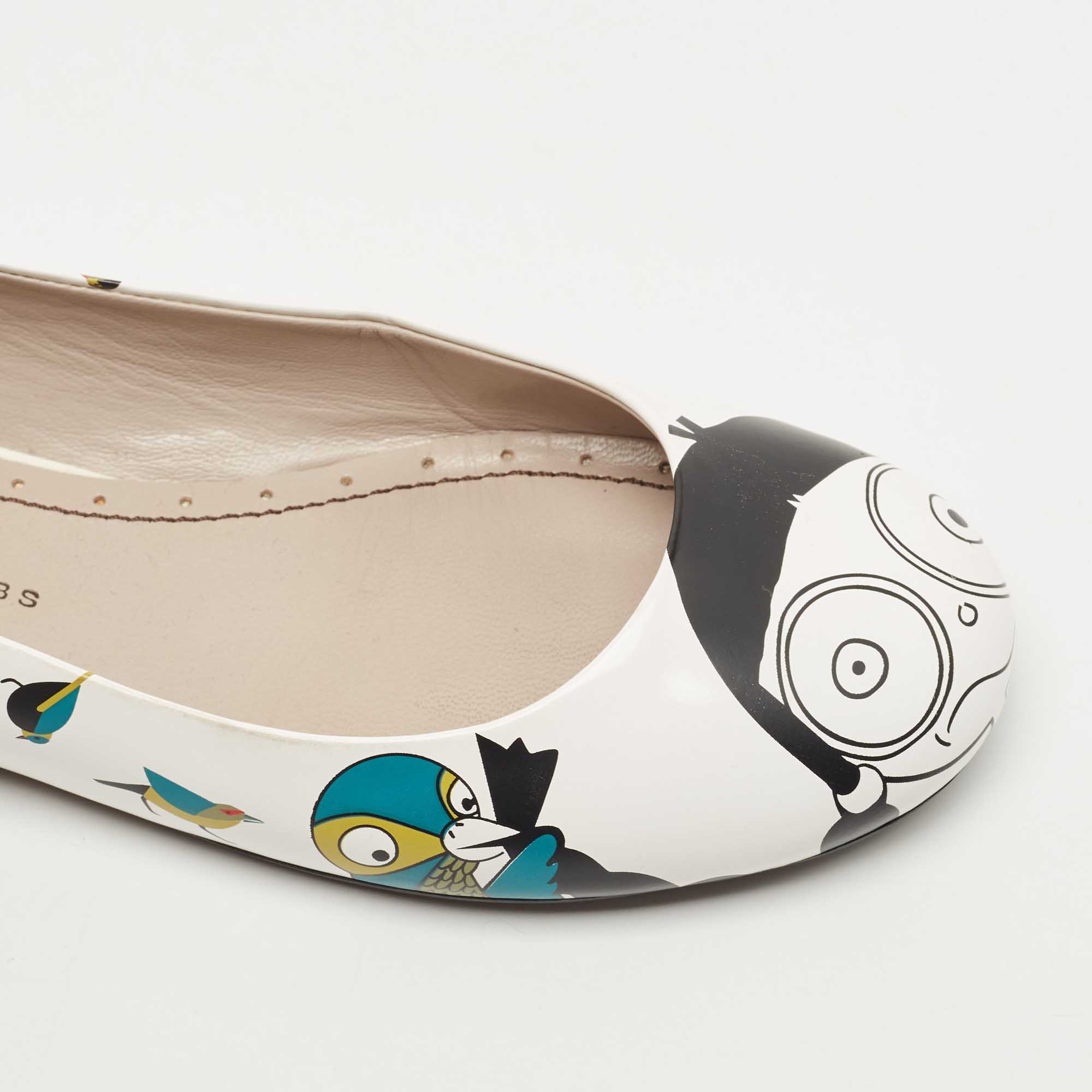 Marc By Marc Jacobs White Multicolor Bird Printed Leather Round Toe Ballet Flats Size 36