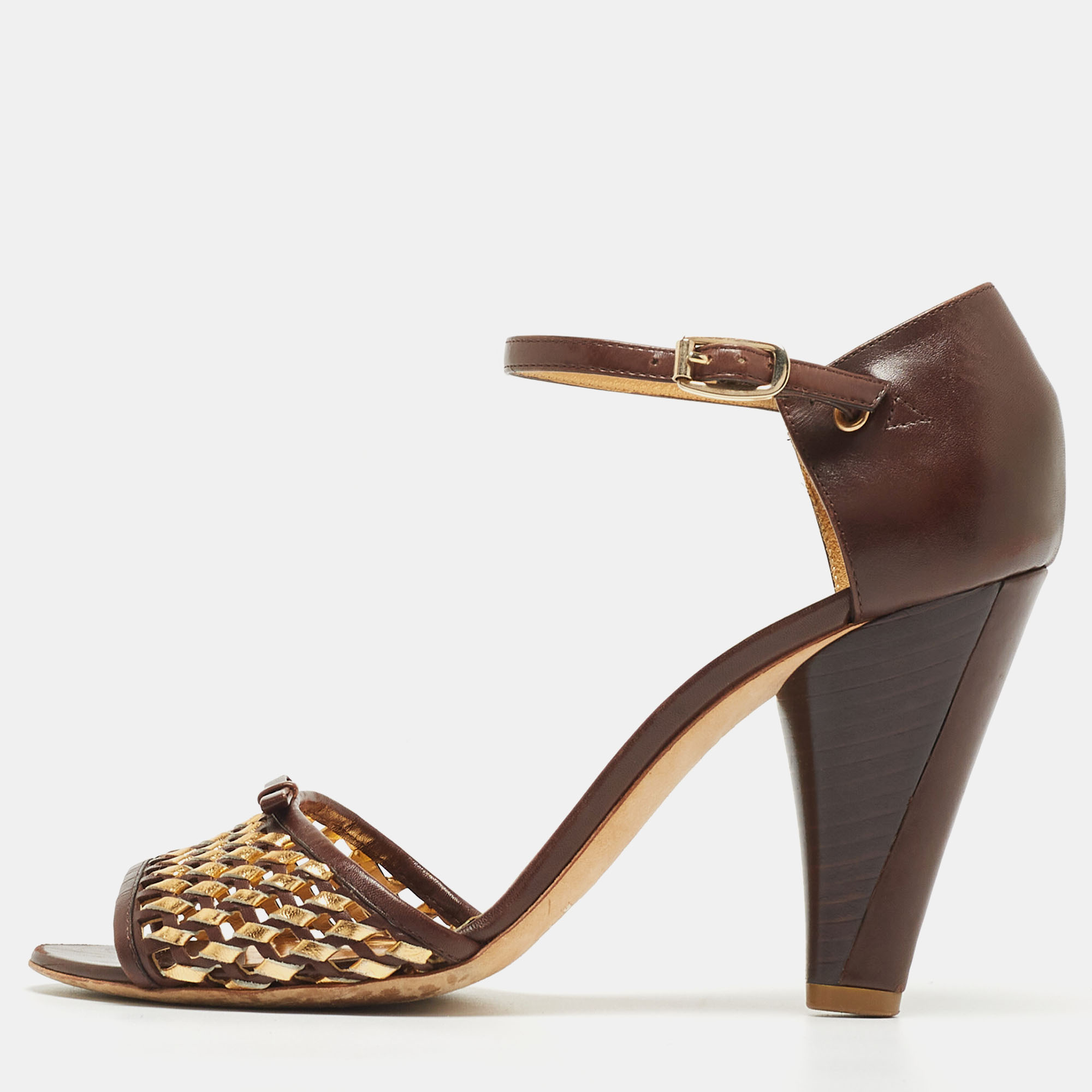 Marc By Marc Jacobs Brown/Gold Leather Ankle Strap Sandals Size 37.5