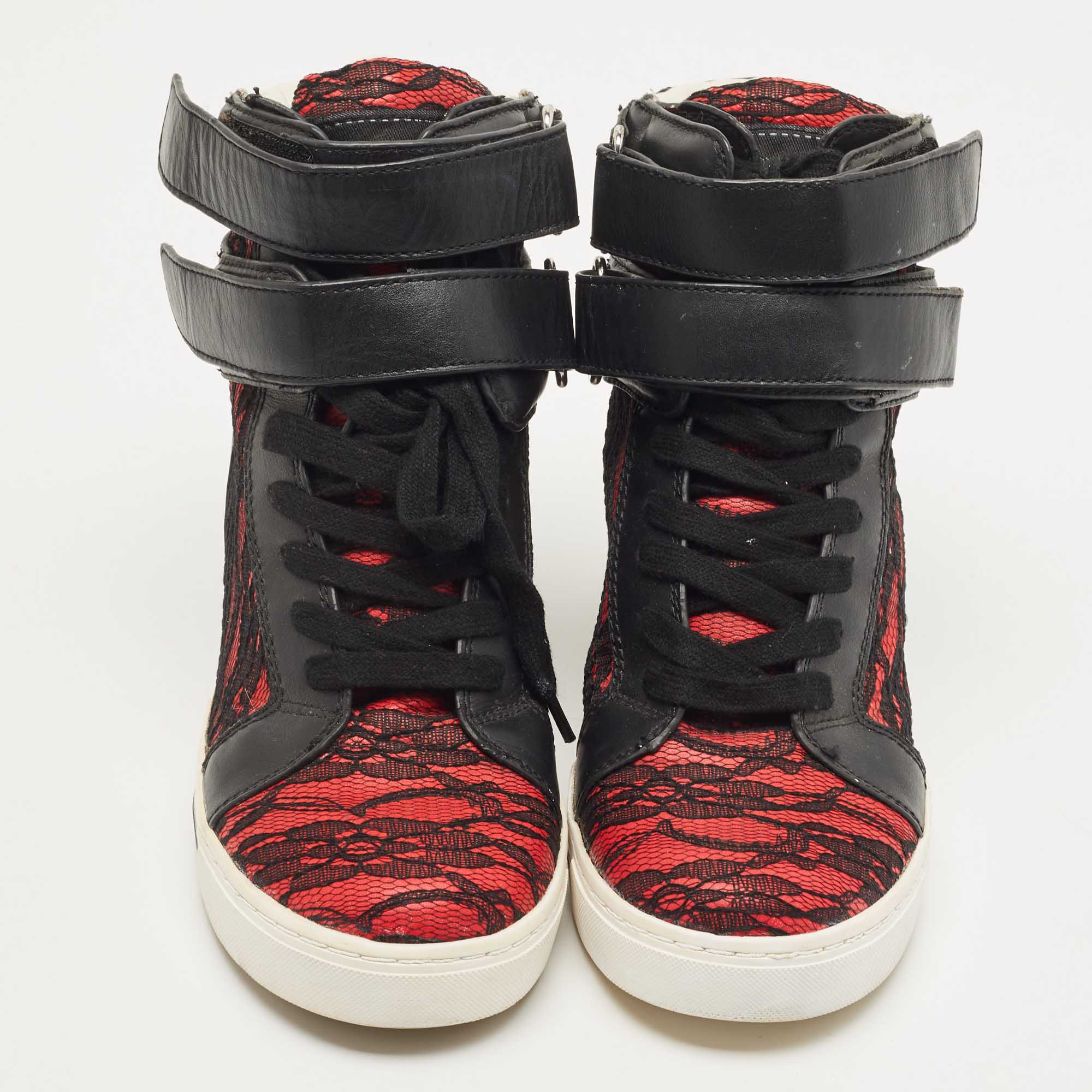 Marc By Marc Jacobs Black/Red Leather And Lace Detail Sneakers Size 36