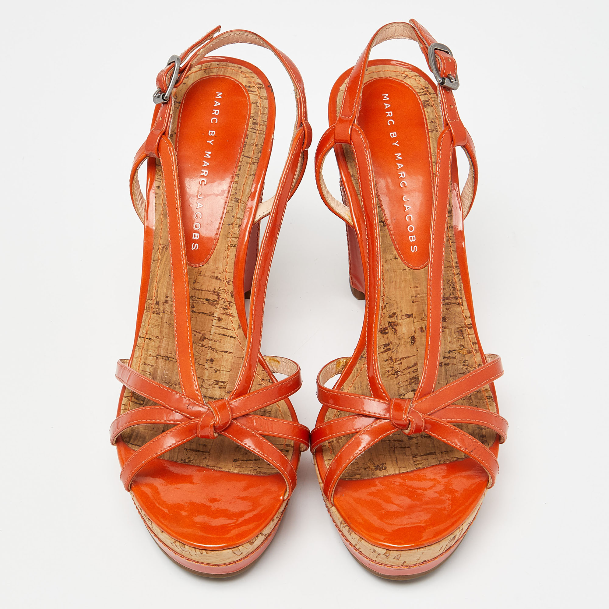 Marc By Marc Jacobs Orange Patent Leather Cork Wedge Slingback Sandals Size 37.5