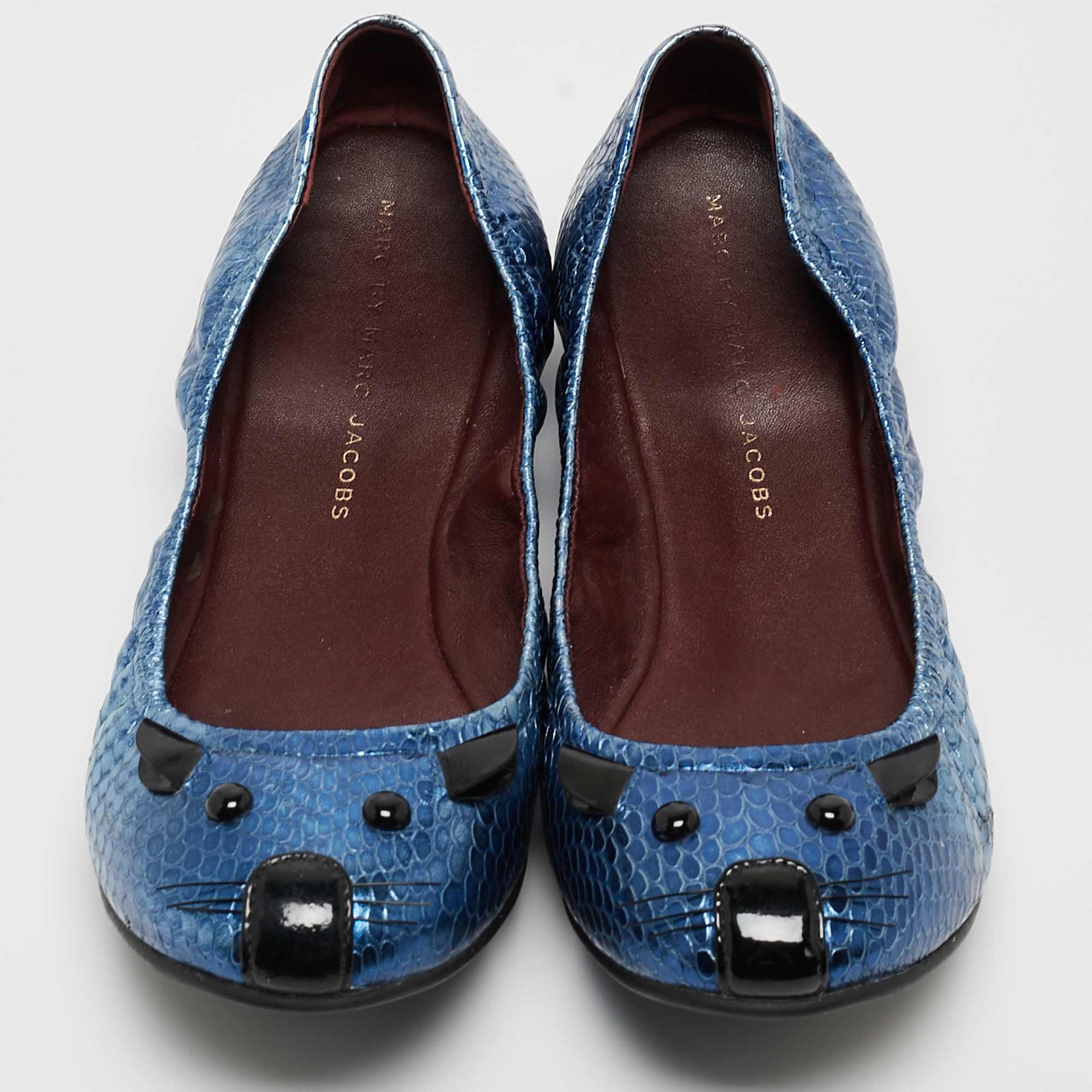 Marc By Marc Jacobs Metallic Blue Embossed Python Mouse Scrunch Ballet Flats Size 38