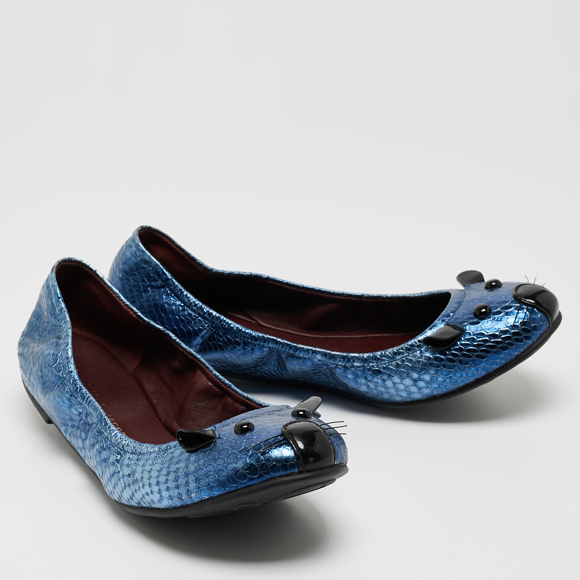 Marc By Marc Jacobs Metallic Blue Embossed Python Mouse Scrunch Ballet Flats Size 38
