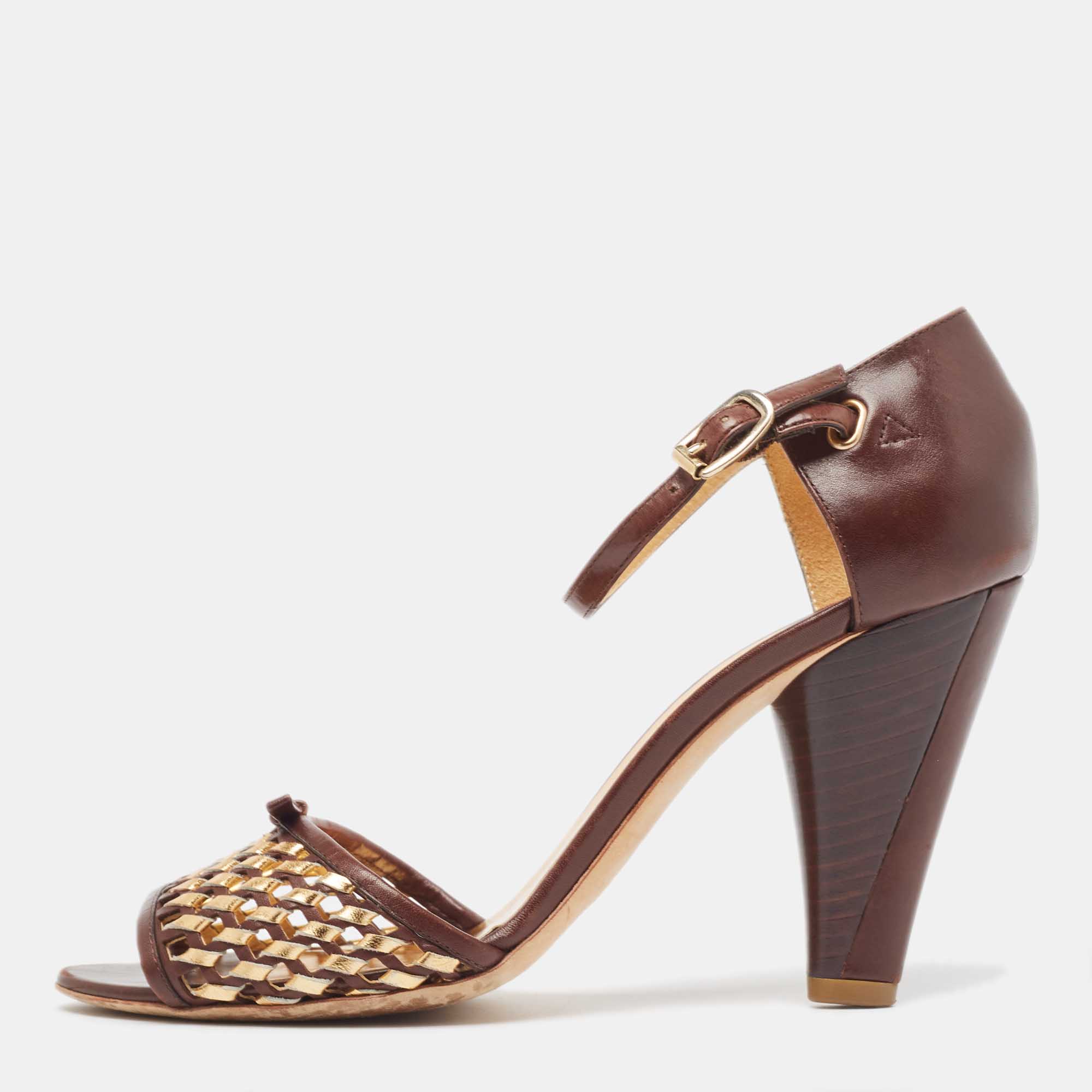 Marc by marc jacobs brown/gold leather ankle strap sandals size 37.5