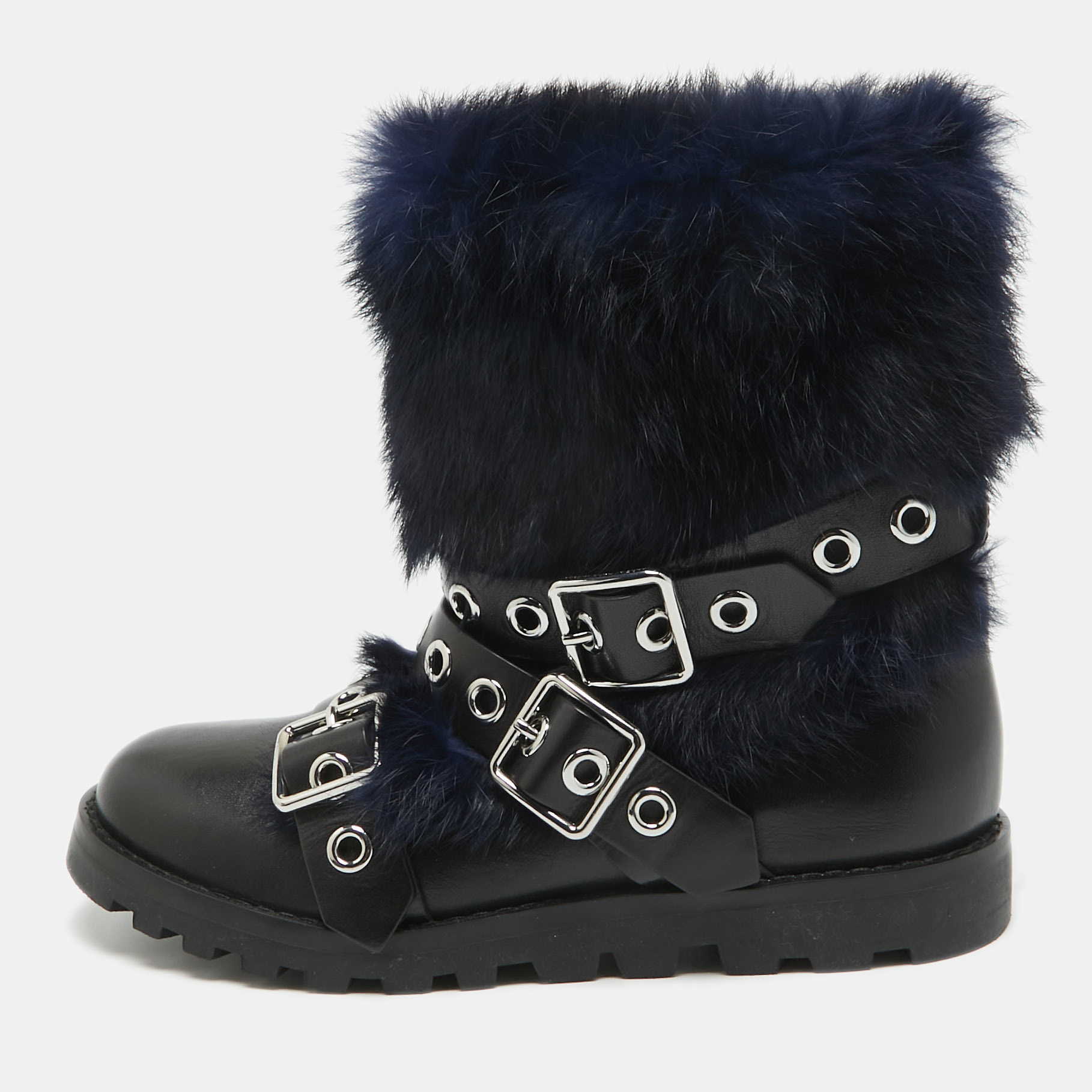 Marc by marc jacobs black/blue ricky rex rabbit fur and leather buckled moto boots size 36.5