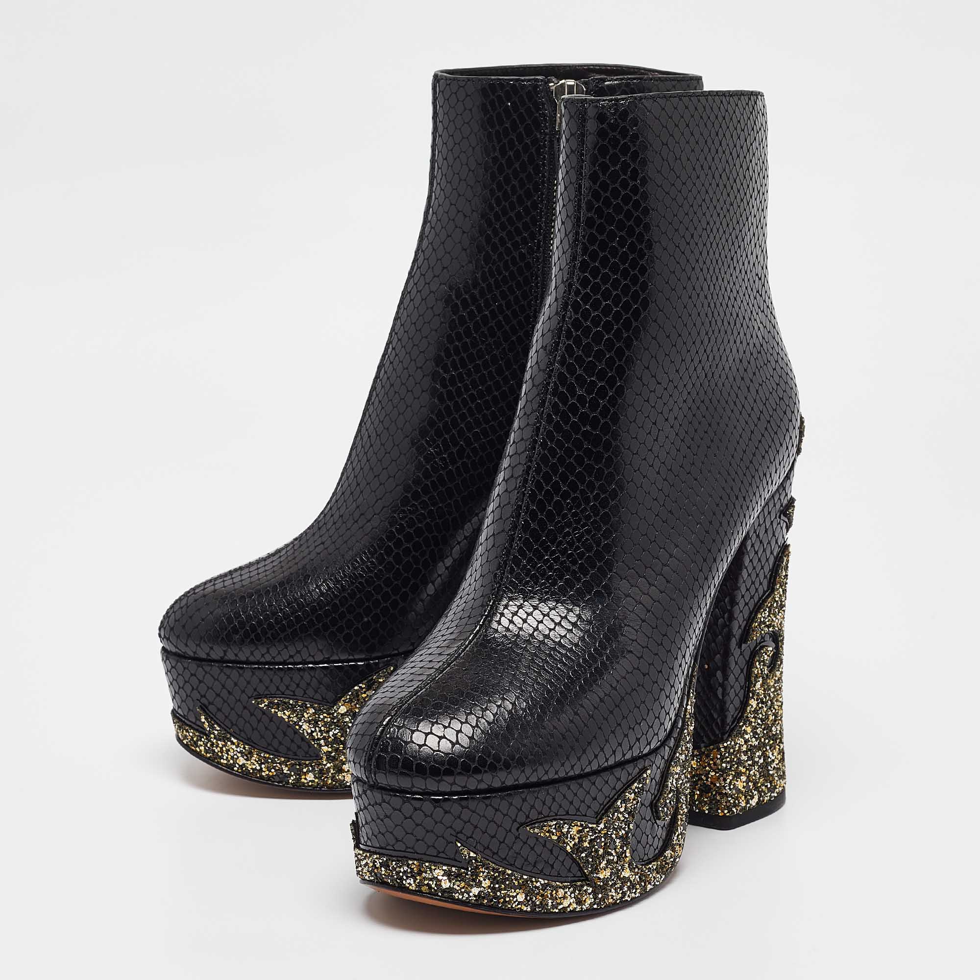 Marc Jacobs Black Python Embossed Leather Ankle Length Boots Size 36