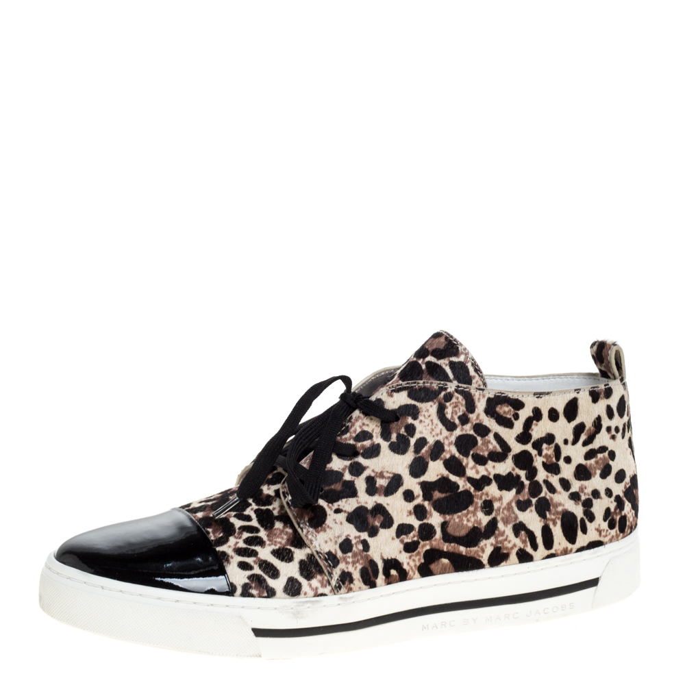 Image of Marc Jacobs Beige/Black Leopard Print Pony Hair And Patent Leather High Top Sneakers Size