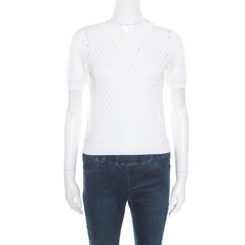 Marc Jacobs White Perforated Fish Scale Pattern Knit Crop Top S