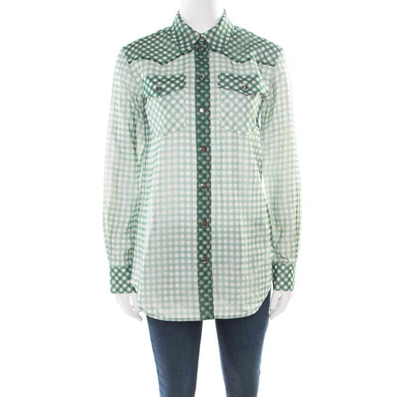 Marc Jacobs Green And White Checked Organza Long Sleeve Shirt S