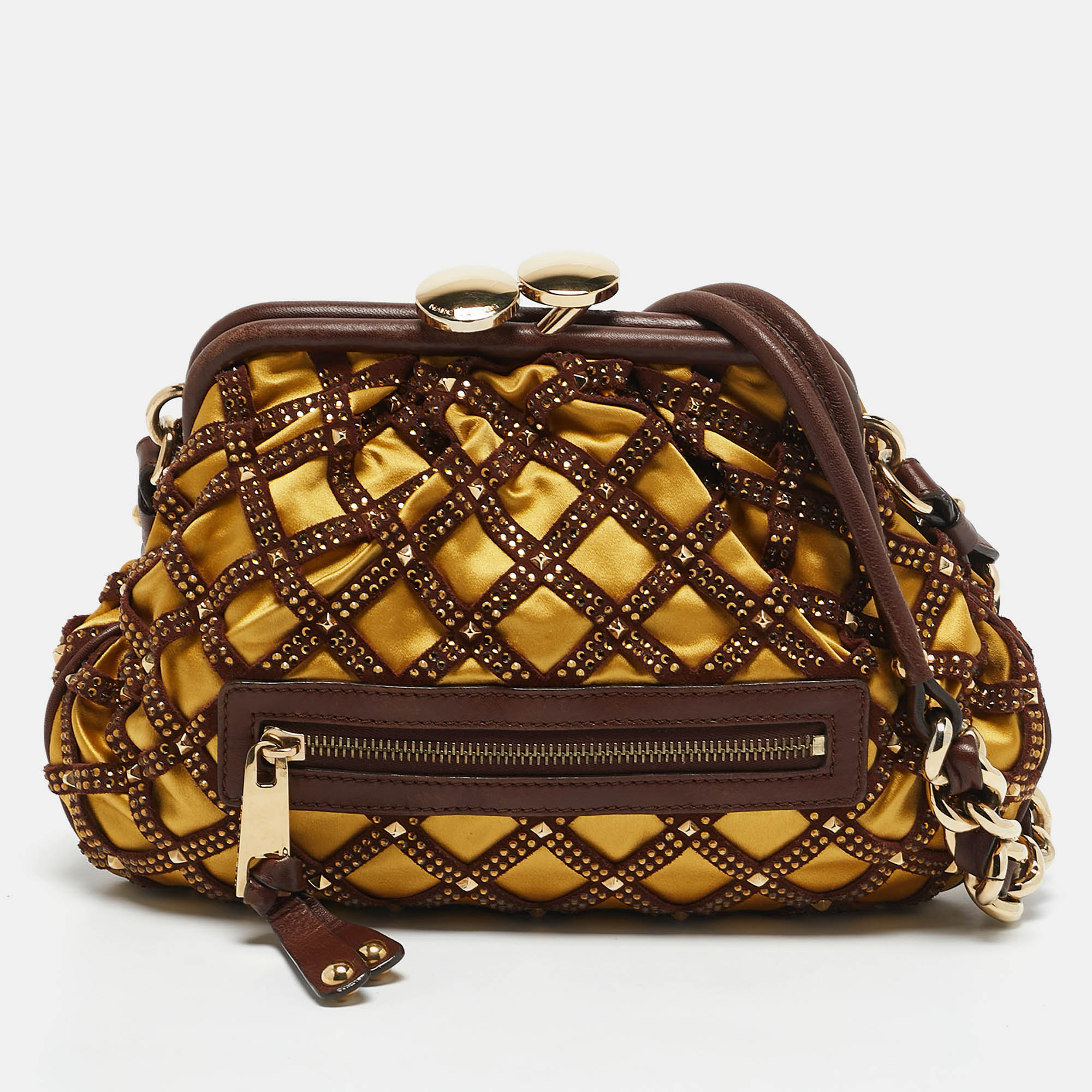 Marc Jacobs Brown/Yellow Laser Cut Suede and Satin Crystal Stam Shoulder Bag
Marc Jacobs Brown/Yellow Laser Cut Suede and Satin Crystal Stam Shoulder Bag