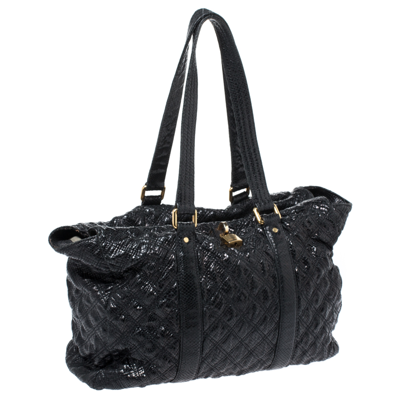 Marc Jacobs Black Quilted Snakeskin Embossed Leather Tote