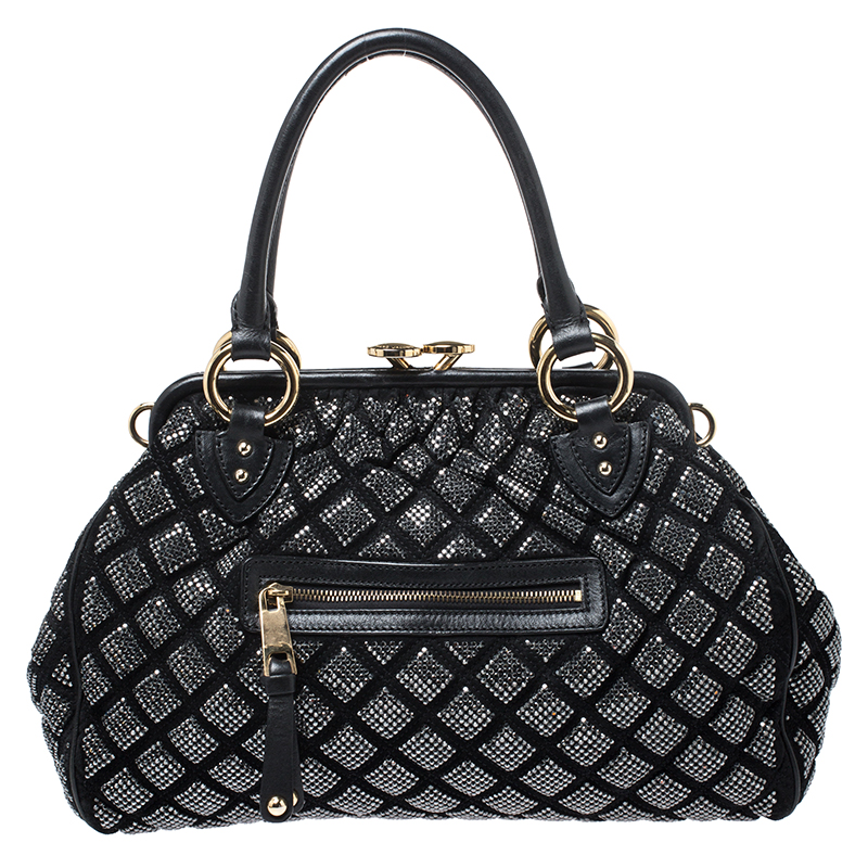 Image of Marc Jacobs Black Crystal Embellished Quilted Leather Stam Satchel
