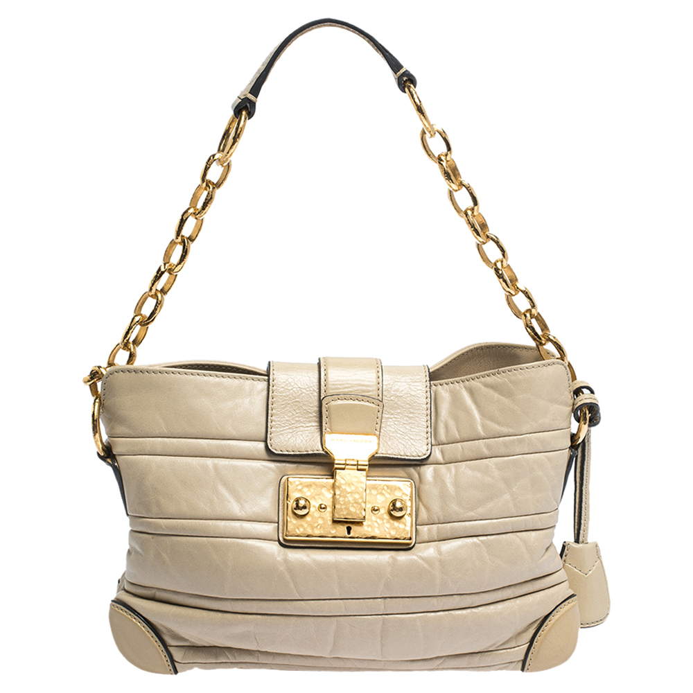 Image of Marc Jacobs Beige Leather Lock Flap Chain Shoulder Bag