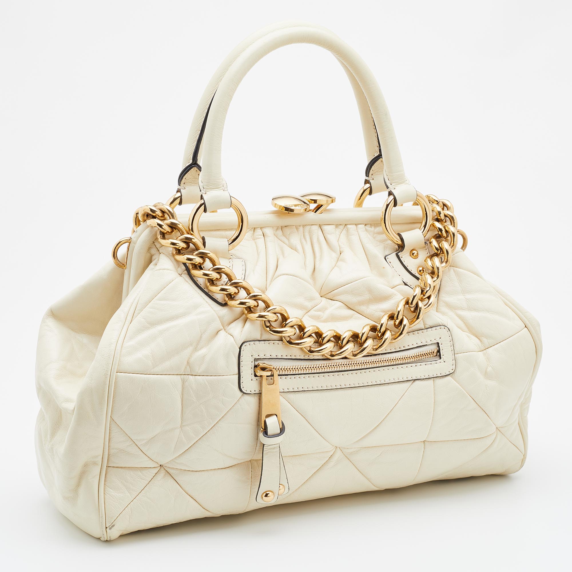 Marc Jacobs Cream Quilted Leather Stam Satchel