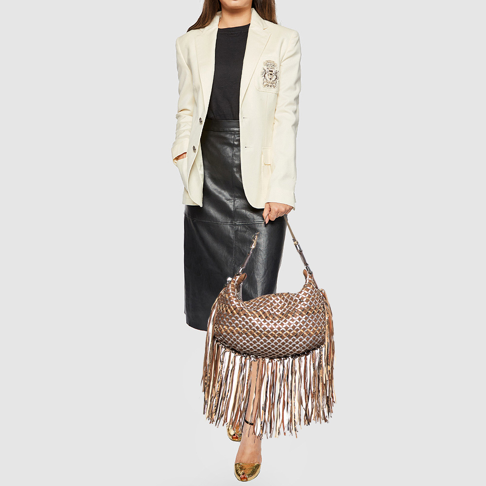 Marc Jacobs Brown/Metallic Woven Leather And Snakeskin Embossed Leather Fringe Hobo