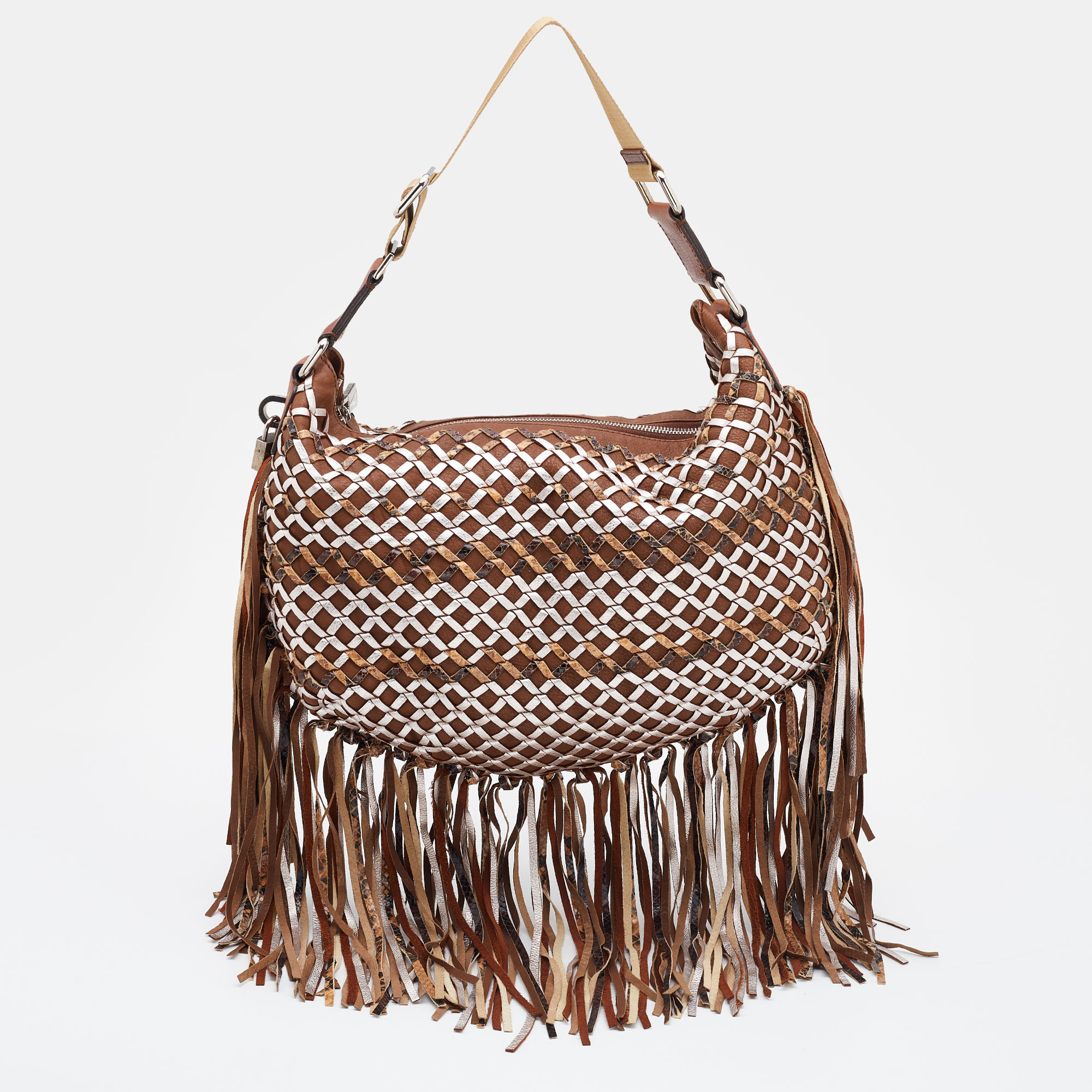 Marc jacobs brown/metallic woven leather and snakeskin embossed leather fringe hobo