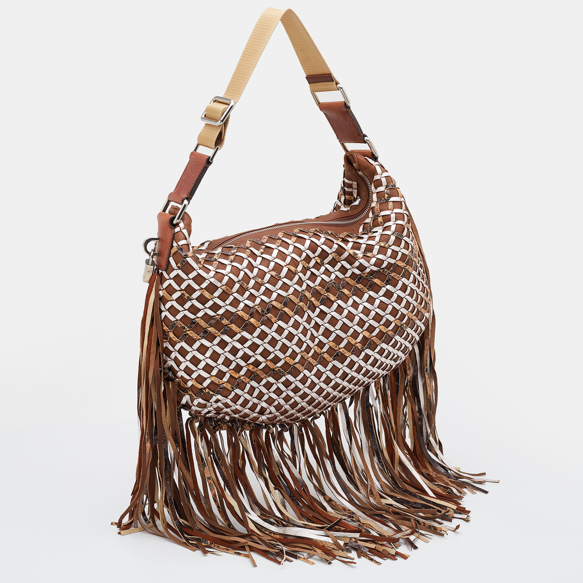 Marc Jacobs Brown/Metallic Woven Leather And Snakeskin Embossed Leather Fringe Hobo