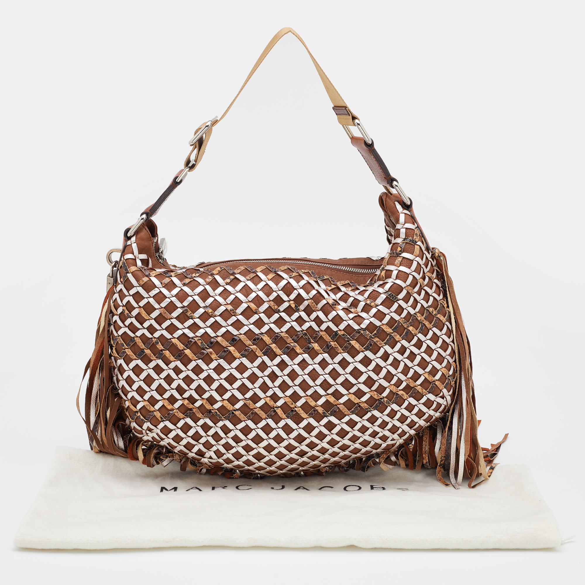 Marc Jacobs Brown/Metallic Woven Leather And Snakeskin Embossed Leather Fringe Hobo