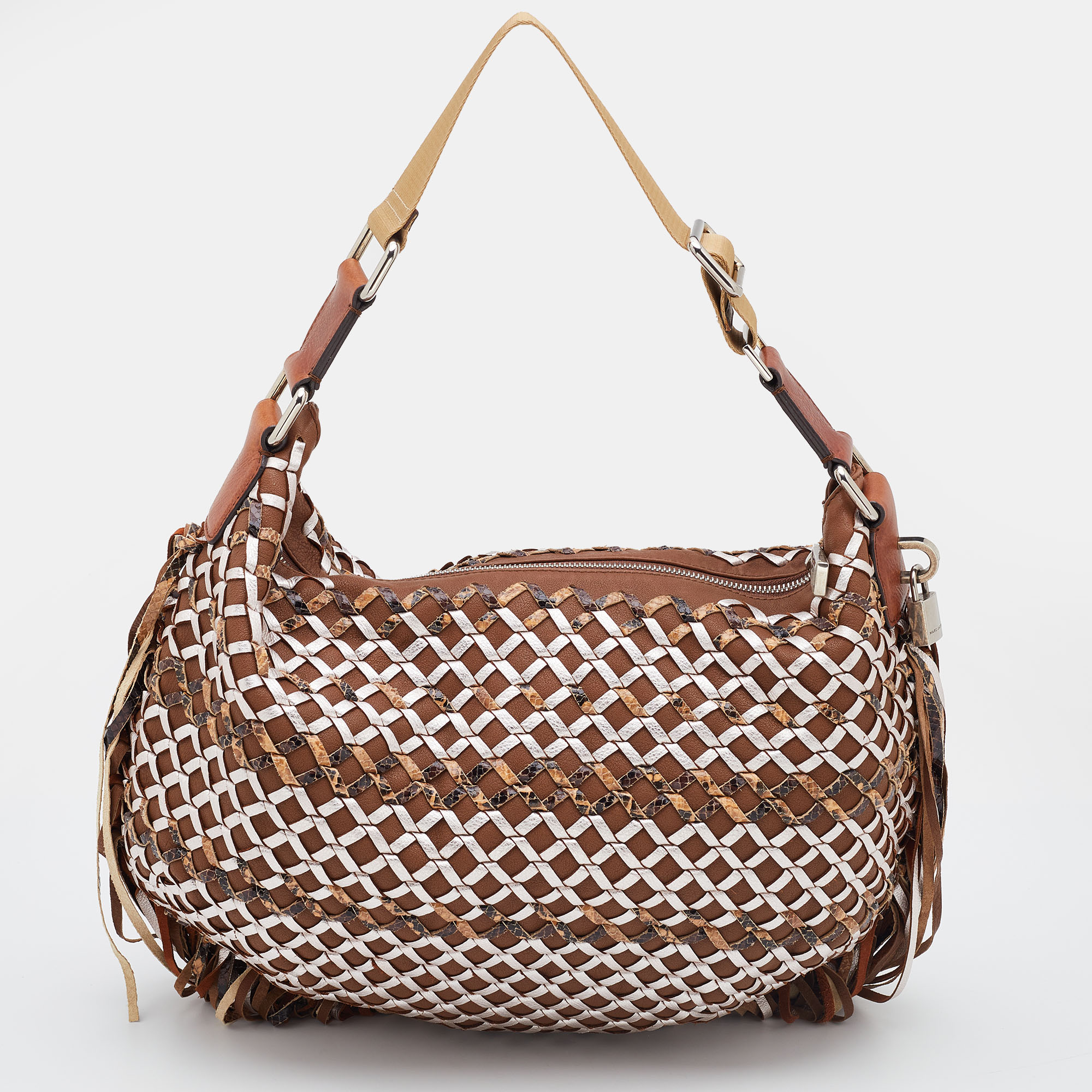 Marc Jacobs Brown/Metallic Woven Leather And Snakeskin Embossed Leather Fringe Hobo
