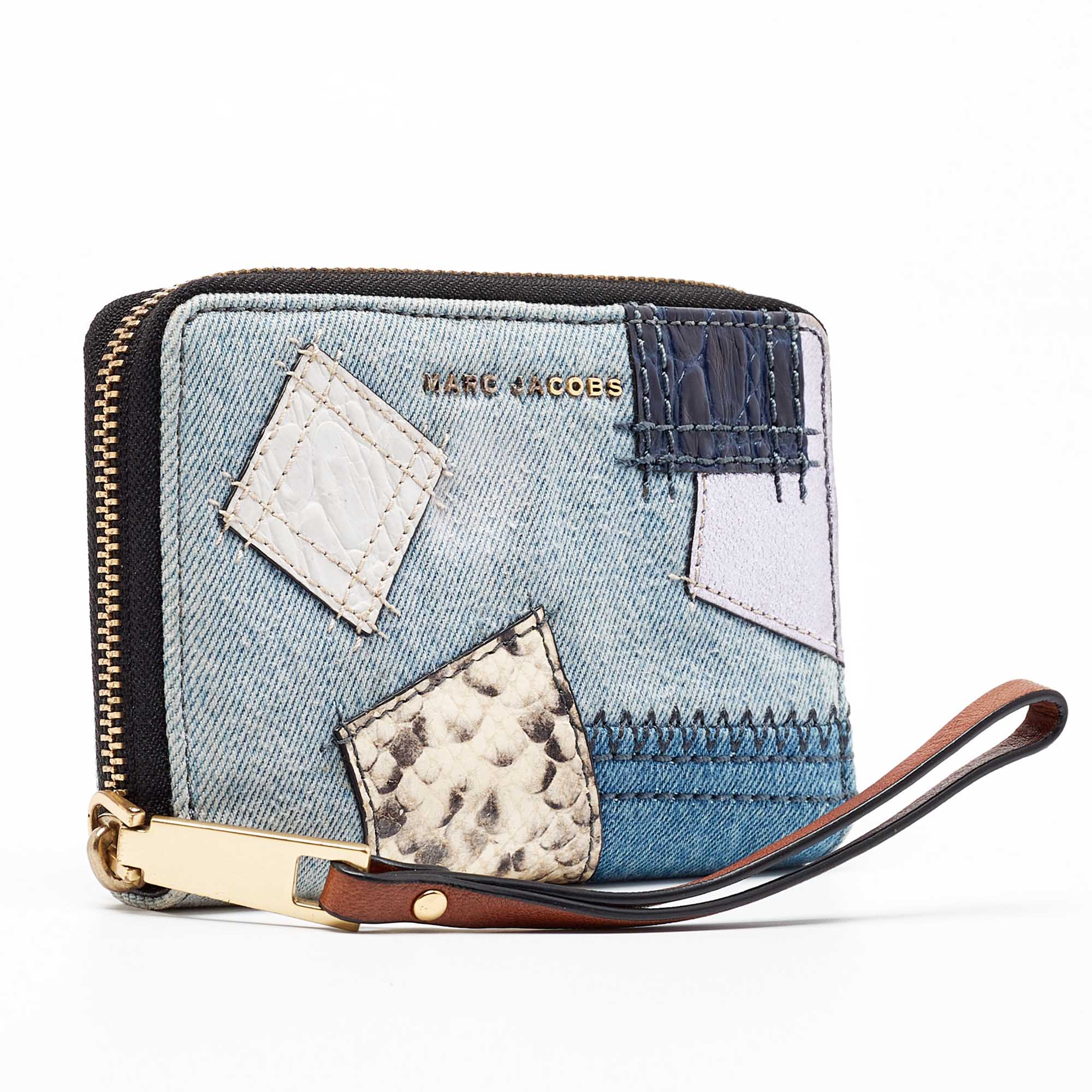 Marc Jacobs Blue/Multicolor Denim Patchwork Wristlet Zip Around Wallet