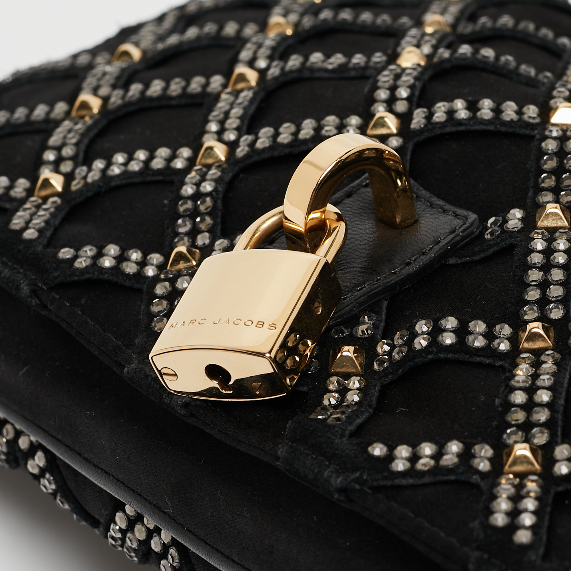 Marc Jacobs Black Suede And Satin Crystals Embellished Flap Clutch