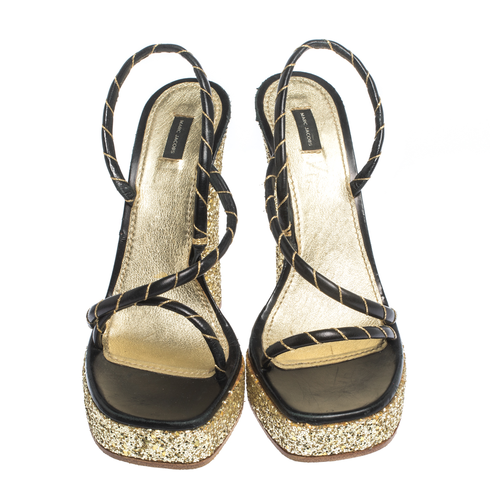 Marc Jacobs Black/Gold Leather And Glitter Fabric Slingback Platform Sandals Size 40
