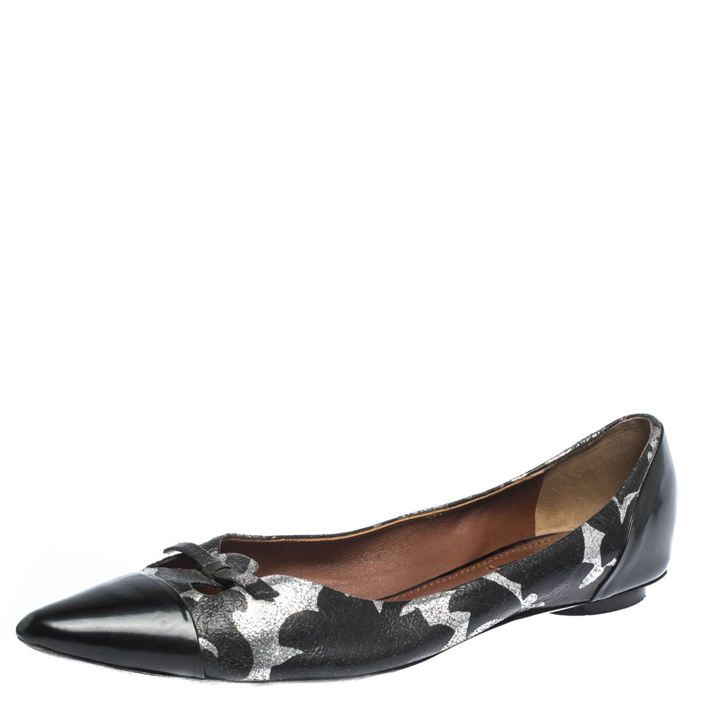Marc Jacobs Black/Silver Leather And Patent Pointed Toe Bow Ballet Flats Size 40