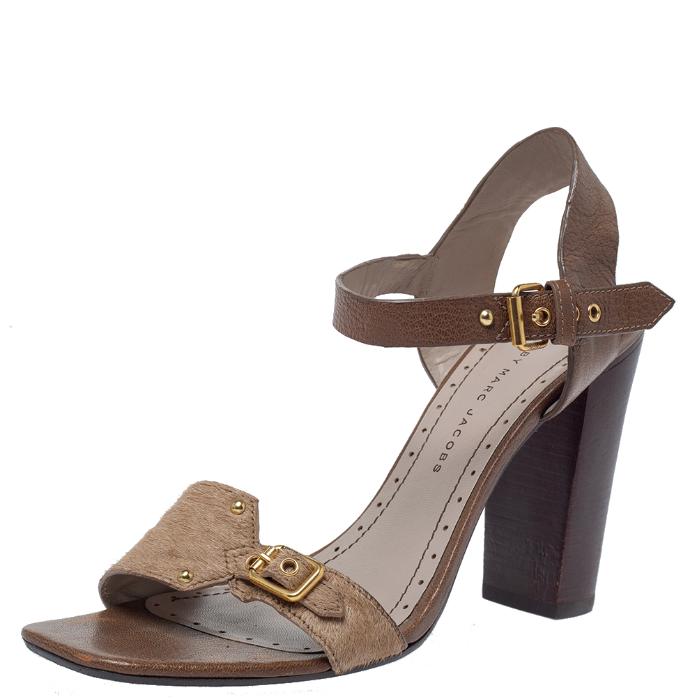 Image of Marc Jacobs Brown Pony Hair And Leather Ankle Strap Sandals Size .