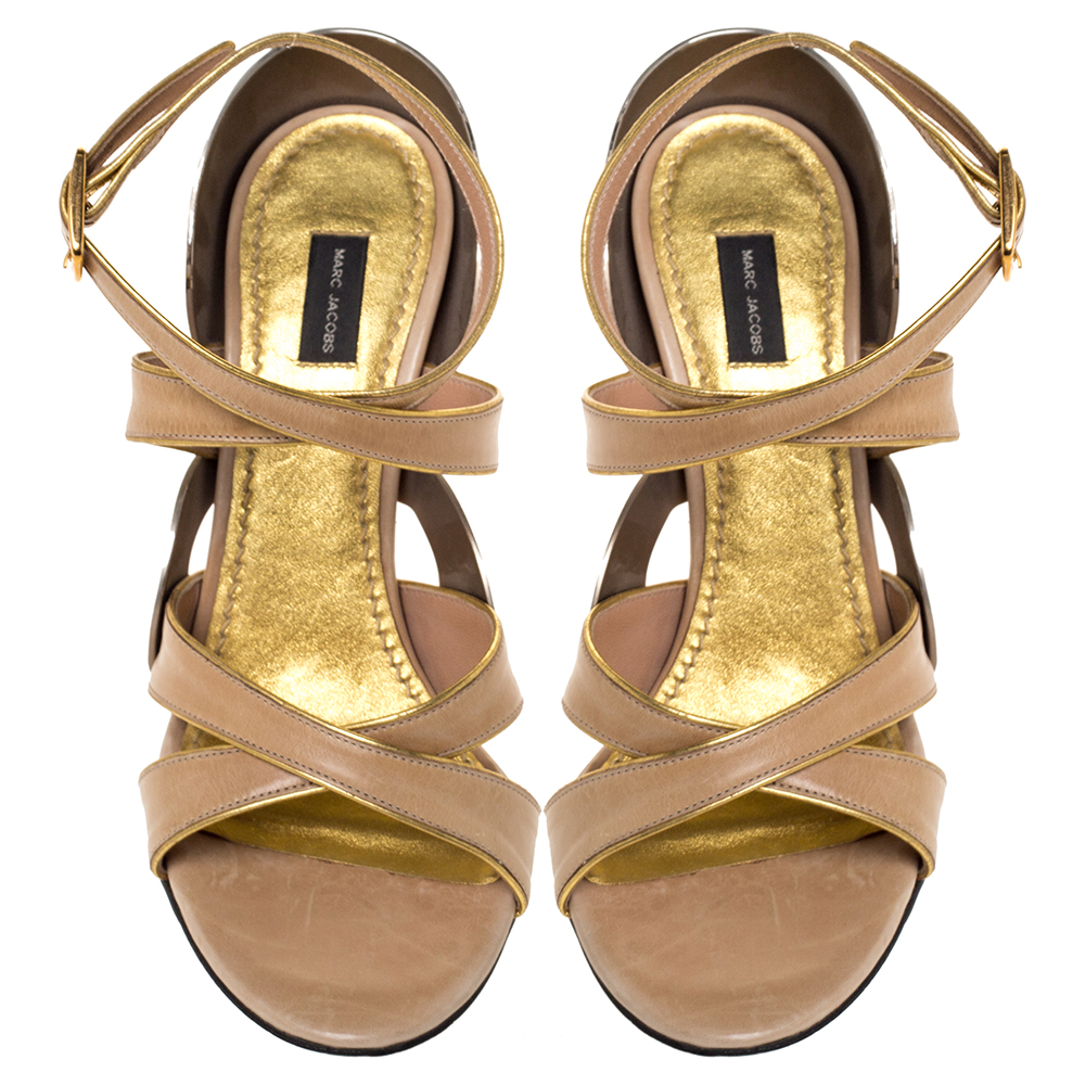 Marc Jacobs Beige Leather And Gold Piping Heart Wedge Ankle Strap Sandals Size 36.5