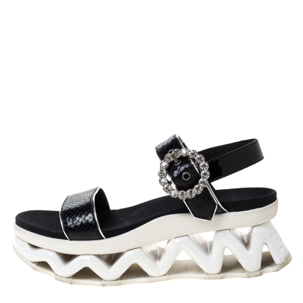 

Marc by Marc Jacobs Black Python Embossed Leather Ninj Crystal Embellished Ankle Strap Sandals Size