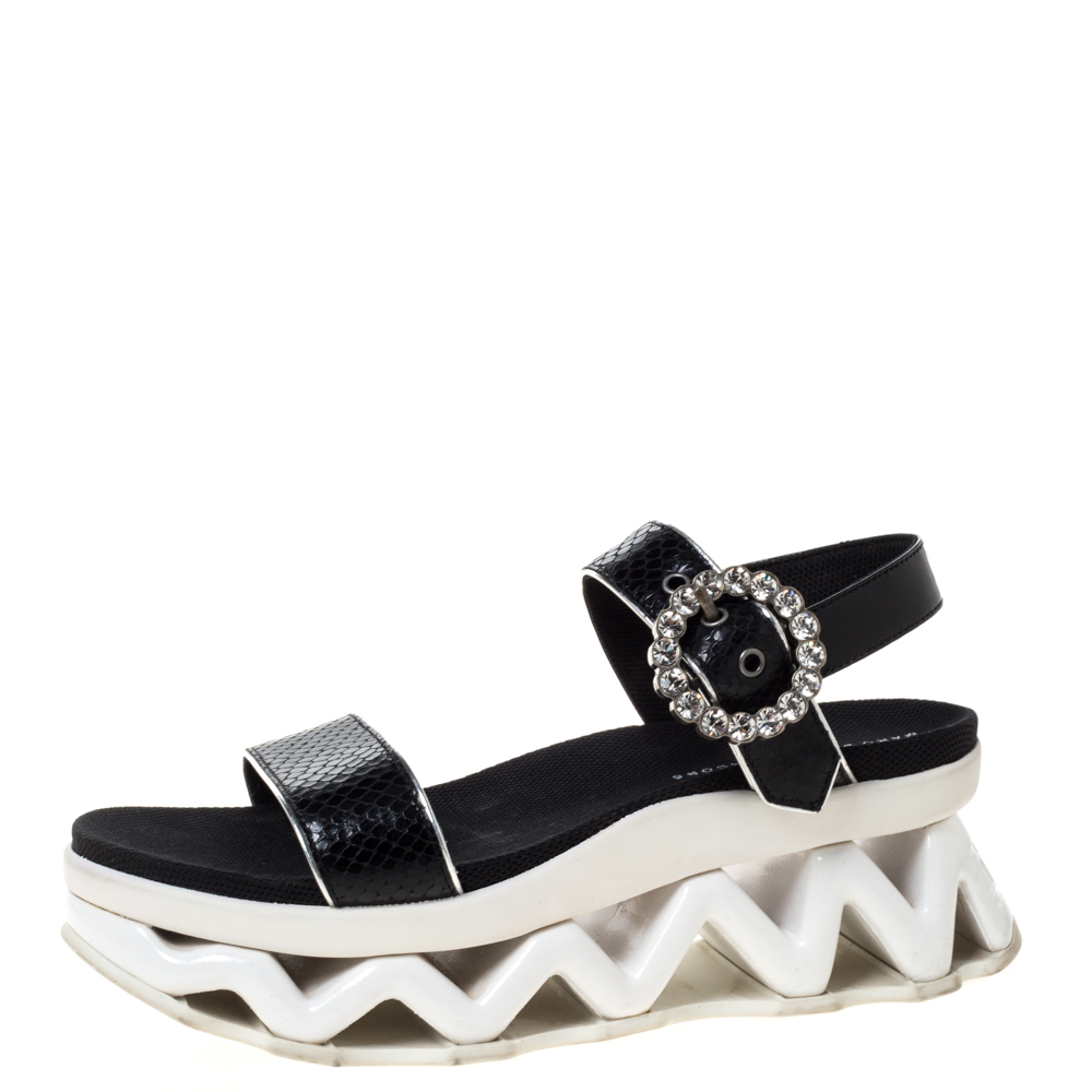 Image of Marc by Marc Jacobs Black Python Embossed Leather Ninj Crystal Embellished Ankle Strap Sandals Size