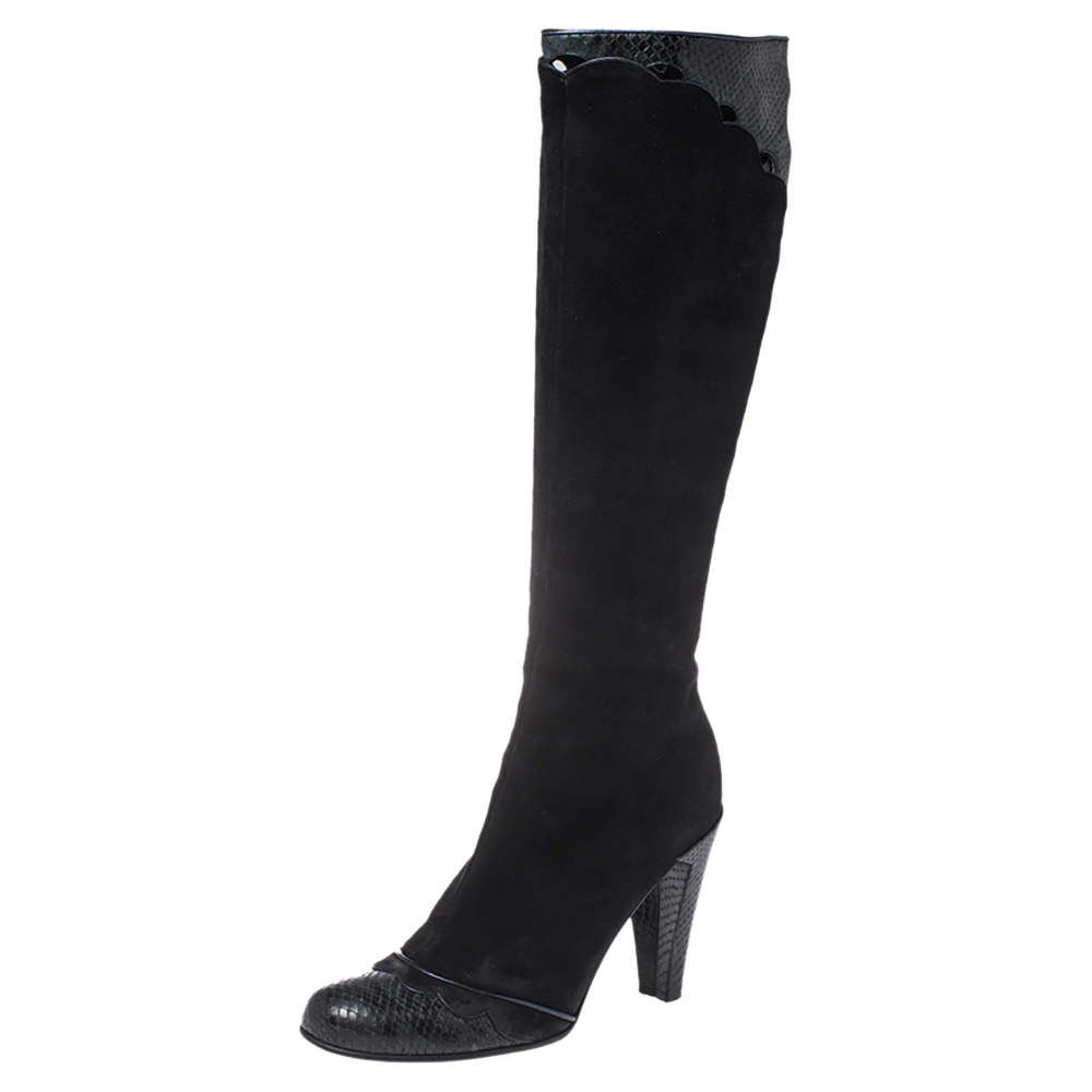 Image of Marc Jacobs Black Python Embossed Leather and Suede Knee High Boots Size .